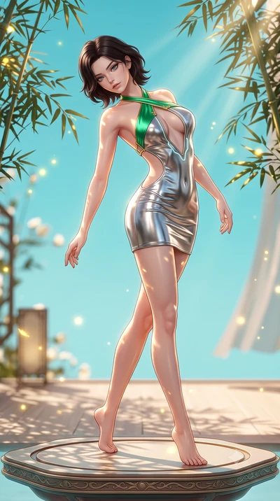 score_9, masterpiece, best quality, ultra-detailed, high-budget anime keyframe, semi-realistic 3D game render, editorial fashion photography, tasteful artistic composition, Korean woman. low angle full-body shot from head to toe showing her feet, fil