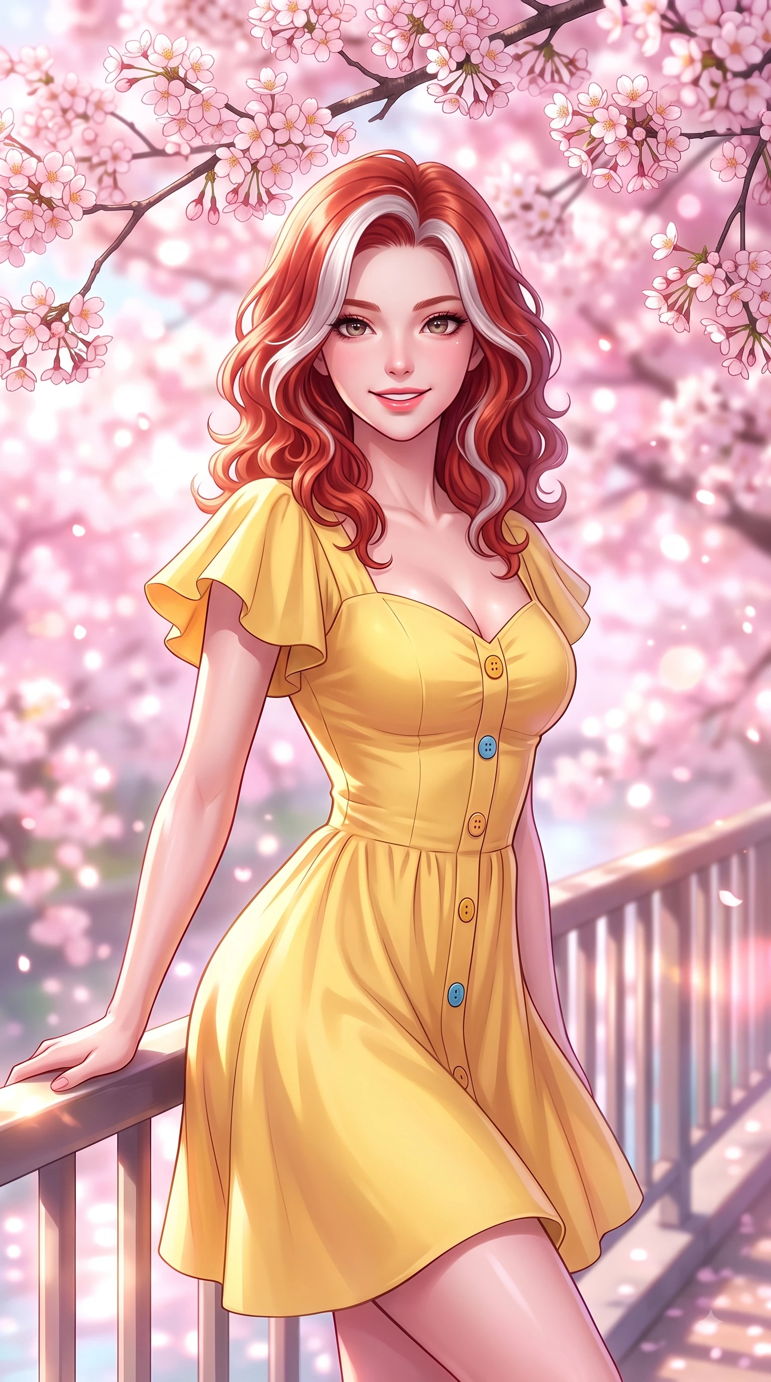 score_9, masterpiece, best quality, ultra-detailed, high-budget anime keyframe, editorial fashion photography, tasteful artistic composition, Caucasian woman. close-up cowboy shot from the waist and thighs up, the character dominates the composition, filling the frame with her large presence. Gazing directly into the camera with a fresh, infectious smile as her torso curves dynamically in mid-stride while leaning gracefully against a sunlit park railing framed by vibrant pink flower canopies. The composition keeps background elements in soft focus with dreamy bokeh. dense cherry blossom canopies blurring into a dreamy, glowing pink and white bokeh backdrop. She has an exceptionally elegant, slender, and willowy female figure with an ultra-slim waist, a gracefully sculpted slender torso, and a refined silhouette. sharp v-shaped jawline, high-bridge nose, intricate jewel-like eyes with depth, thick eyelashes, glossy lips with a natural sheen, flawlessly proportioned anatomical accuracy, natural body alignment, perfectly sculpted elegant limbs, clean dynamic posture without body distortion. wearing a sunny yellow cotton sundress with a sweetheart neckline and wooden button accents in sunny daffodil yellow and clear sky blue, crafted from smooth fluid silk satin, featuring elegant flutter sleeves and a graceful square neckline, the tailored casual silhouette highlighting her fresh and youthful presence. illuminated by soft glowing pink ambient light and clear sky refractions. highly saturated vibrant anime colors, detailed shading with soft gradients, rich glossy textures, high-contrast stereoscopic depth, volumetric dynamic lighting, master piece, 9:16 ratio
