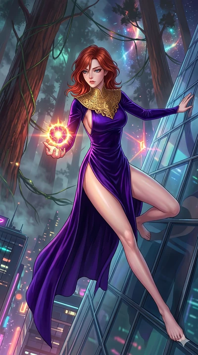 score_9, masterpiece, best quality, ultra-detailed, Set A: High-budget Anime Keyframe, Korean woman. Low angle cowboy shot filling the entire 9:16 frame with her statuesque presence. Theme: Abstract Cosmic. sliding down a glass skyscraper in a giant 