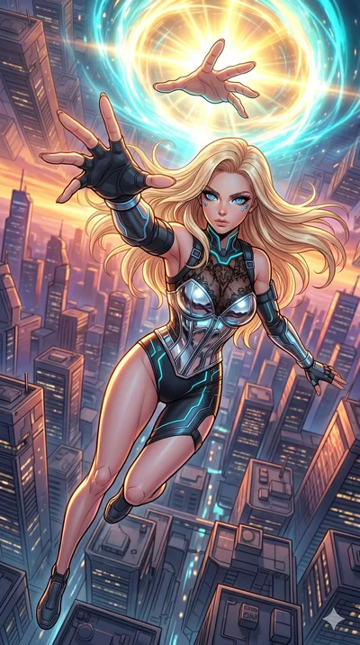 score_9, masterpiece, best quality, ultra-detailed, high-budget anime movie keyframe, cinematic anime lighting, intricate line art, Caucasian (strictly human ears) woman. Extreme high angle shot as she leaps towards the camera, filling the frame. rea