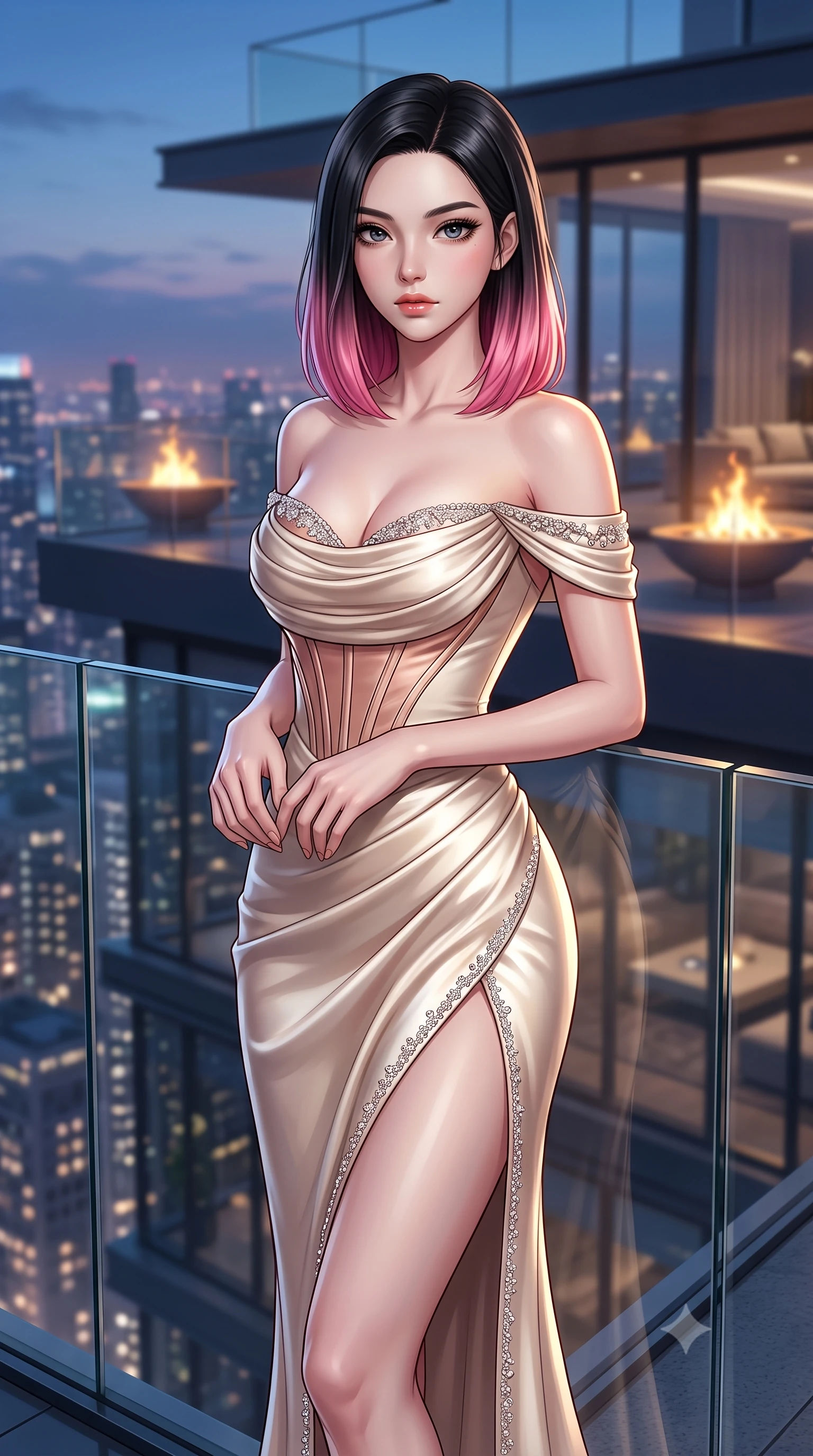 score_9, masterpiece, best quality, ultra-detailed, high-budget anime keyframe, semi-realistic 3D game render, editorial fashion photography, tasteful artistic composition, Korean woman. close-up cowboy shot from the waist and thighs up, the character dominates the composition, filling the frame with her large presence. holding her hands loosely in front with regal, aristocratic poise, radiating an overwhelming high-society aura while leaning against the seamless glass barrier of an ultra-luxury penthouse terrace overlooking a sparkling city skyline at dusk. The composition keeps background elements in soft focus with creamy bokeh. penthouse glass architecture and glowing rooftop fire pits softened in cinematic shallow depth of field. She has an exceptionally elegant, slender, and willowy female figure with an ultra-slim waist, a gracefully sculpted slender torso, toned flat midriff, and a refined slim silhouette. sharp v-shaped jawline, high-bridge nose, intricate jewel-like eyes with depth, thick eyelashes, glossy lips with a natural sheen, captivating and magnetic expression, flawlessly proportioned anatomical accuracy, strict slender model proportions, natural body alignment, perfectly sculpted long slender limbs, ultra-slim waistline, clean dynamic posture without body distortion. wearing a statuesque off-shoulder champagne satin gala dress featuring a thigh-high side slit and draped corset bodice in champagne ivory and rose gold, tailored from ultra-smooth duchess satin with a pearlescent sheen, finished with delicate crystal embroidery along the neckline and hem edition #21, the liquid-tight tailored fabric emphasizing every curve of her tall, slender model proportions and sculptured silhouette during dynamic movement. illuminated by crisp directional edge lights sharply sculpting her slender waist and long slender legs. highly saturated vibrant anime colors, detailed shading with soft gradients, rich glossy textures, high-contrast stereoscopic depth, volumetric dynamic lighting, master piece, 9:16 ratio