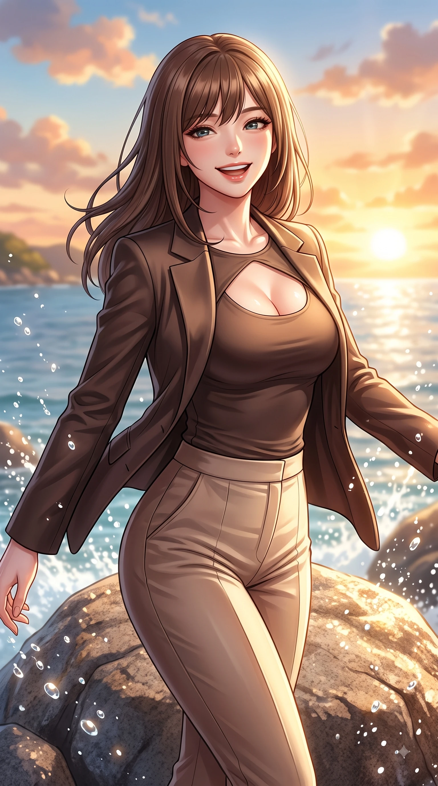 score_9, masterpiece, best quality, ultra-detailed, high-budget anime keyframe, editorial fashion photography, tasteful artistic composition, Korean woman. close-up cowboy shot from the waist and thighs up, the character dominates the composition, filling the frame with her large presence, background elements kept in soft focus. Cheerful beaming smile with parted lips, exuding pure enchanting charm while turning dynamically toward the camera while pivoting gracefully on a sun-drenched granite sea boulder with a beaming happy expression, dazzling tropical sunlight scattering sparkling water droplets around her laughing silhouette. She has an exceptionally elegant, slender, and willowy female figure with an ultra-slim waist, a gracefully sculpted slender torso, and a refined silhouette. sharp v-shaped jawline, high-bridge nose, intricate jewel-like eyes with depth, thick eyelashes, glossy lips with a natural sheen, flawlessly proportioned anatomical accuracy, natural body alignment, perfectly sculpted elegant limbs, clean dynamic posture without body distortion. wearing a tailored silk blazer over a form-contouring scoop-neck top and slacks in espresso brown and warm cream, crafted from smooth liquid silk, accented with a Tasteful chest slit framing her clavicle gracefully, the elegant draped fit framing her graceful clavicle and slender torso. illuminated by a glorious golden hour sunburst painting the clouds in joyful peach and amber. highly saturated vibrant anime colors, detailed shading with soft gradients, rich glossy textures, high-contrast stereoscopic depth, volumetric dynamic lighting, master piece, 9:16 ratio