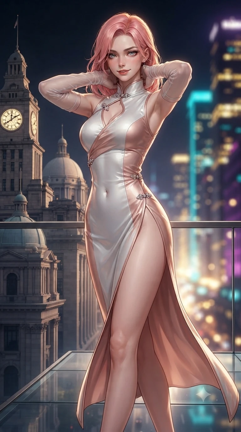 score_9, masterpiece, best quality, ultra-detailed, high-budget anime keyframe, editorial fashion photography, tasteful artistic composition, Japanese woman. close-up cowboy shot from the waist and thighs up, the character dominates the composition, filling the frame with her large presence. resting both hands lightly behind her neck with elbows raised, arching her spine to highlight her narrow waist, flat midriff, and breathtaking collarbones while walking slowly along the suspended glass sky-terrace, looking back over her shoulder with an air of effortless grace and an alluring, smoldering smile as heritage stone domes on one side transition into neon cyber-spires on the other. The background shows a soft-focus classical colonial stone clock towers and neoclassical domes blending into soaring cyberpunk neon skyscrapers blurred into gold, cyan, and deep violet bokeh. She has an exceptionally elegant, slender, and willowy female figure with an ultra-slim waist, flat toned midriff, narrow ribcage, and sculpted feminine hips creating an alluring, slim hourglass silhouette without bulk. sharp v-shaped jawline, high-bridge nose, intricate jewel-like sparkling eyes with depth, thick eyelashes, glossy parted lips with a natural sheen, intensely captivating and seductive bedroom-eyes expression, exuding both youthful cute charm and sovereign luxury allure, flawlessly proportioned anatomical accuracy, strict slender model proportions, natural body alignment, perfectly sculpted long slender limbs, ultra-slim waistline, clean dynamic posture without body distortion. wearing an alluring high-slit wrap cheongsam secured by miniature jeweled clasps and revealing the curve of her hip in celestial porcelain white and rose-gold, woven from buttery-soft stretch lambskin leather adhering to her body like a second skin, complemented by sheer opera-length evening gloves tracing her slender arms, the glove-like clinging cut tightly following the natural contour of her hips and long slender legs with youthful 8.5-heads elegance. illuminated by glass floor bounce and sharp gold-cyan rim lights defining her razor-sharp jawline, narrow waist, and curvy hips. ultra-reflective glossy finish, specular highlights, rich textural contrasts, high-contrast stereoscopic depth, volumetric dynamic lighting, 2k, ultra detail, master piece, 9:16 ratio
