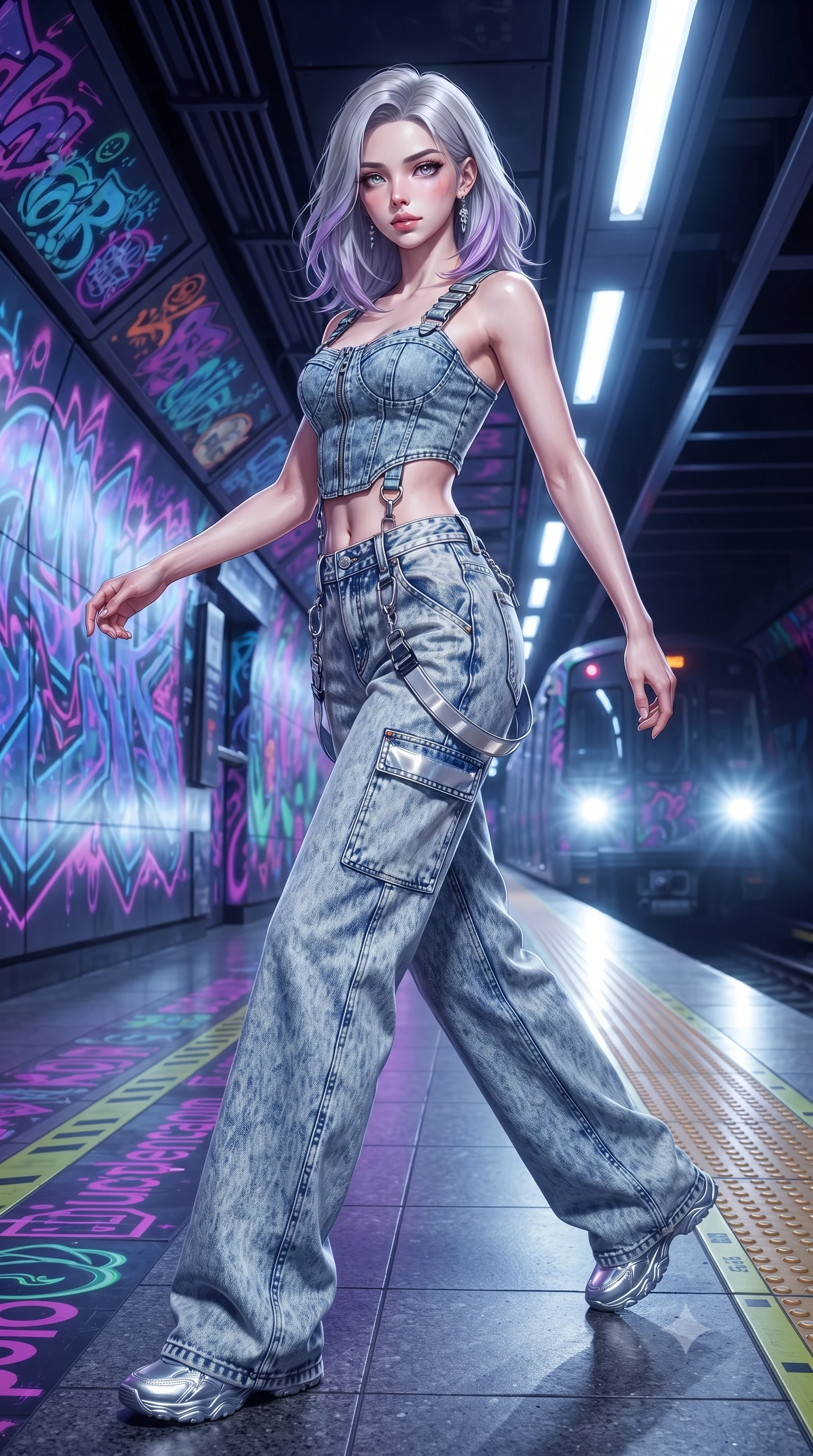 score_9, masterpiece, best quality, ultra-detailed, high-budget anime keyframe, editorial fashion photography, tasteful artistic composition, Caucasian woman. low angle full-body shot from head to toe showing her feet, filling the entire 9:16 vertical frame with her statuesque presence, stretching her vertical silhouette. stepping forward gracefully in mid-motion, displaying her toned flat midriff and flawlessly sculpted slender limbs while posing dynamically in a futuristic subway station corridor covered in glowing ultraviolet cyber-graffiti murals. The surrounding environment is rendered in vivid detail and crisp panoramic clarity. detailed platform safety markings, leather harness buckles, and train headlights in high clarity. She has an absolutely perfect, statuesque 8.5-heads proportion, an exceptionally tall and slender model-like female figure with impossibly long slender legs, a toned flat midriff, and an ultra-slim waist. sharp v-shaped jawline, high-bridge nose, intricate jewel-like eyes with depth, thick eyelashes, glossy lips with a natural sheen, captivating and magnetic expression, flawlessly proportioned anatomical accuracy, strict slender model proportions, natural body alignment, perfectly sculpted long slender limbs, ultra-slim waistline, clean dynamic posture without body distortion. wearing a deconstructed denim corset crop top paired with high-waisted wide-leg utility jeans in acid-wash light denim blue and silver chrome, crafted from durable coated canvas and polished metallic hardware, finished with reflective safety hazard tape details and carabiner clips, the form-contouring material adhering flawlessly to her sculpted flat midriff and slender torso, emphasizing her long leg lines and perfectly proportioned willowy build. surrounded by an edgy, electrifying, and irresistibly cool cyber-street idol aura. ultra-reflective glossy finish, specular highlights, rich textural contrasts, high-contrast stereoscopic depth, volumetric dynamic lighting, 2k, ultra detail, master piece, 9:16 ratio