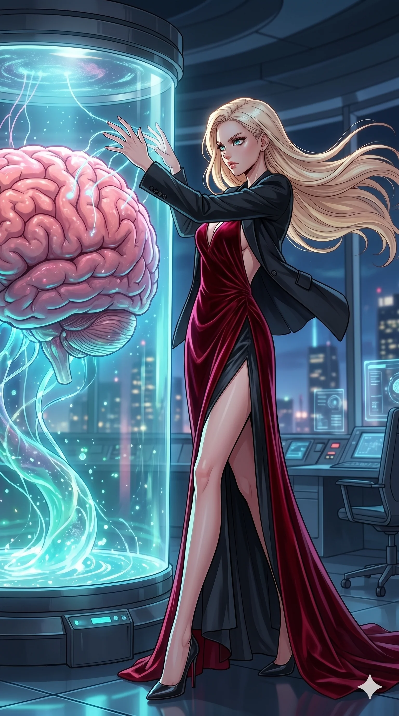 score_9, masterpiece, best quality, ultra-detailed, high-budget anime movie keyframe, cinematic anime lighting, intricate line art, Caucasian (strictly human ears) anime girl. Low angle cowboy shot capturing a powerful motion and statuesque presence. interfacing with a giant brain in a jar using neural connectors. She has an absolutely perfect 8-heads proportion, an exceptionally tall and slender female figure with an ultra-slim waist and impossibly long slender legs. strictly human anatomy, two legs only, no extra limbs, clearly defined legs and arms, perfect anatomy, perfect hands and fingers. sharp v-shaped jawline, high-bridge nose, intricate jewel-like eyes, thick eyelashes, glossy lips. Wearing High-Fashion Editorial: Silk slip dress with high side slit, backless velvet gown, and structured blazer with nothing underneath. The scene is illuminated by dramatic atmospheric lighting and vibrant color palettes. , 2k, ultra detail, master piece, 9:16 ratio