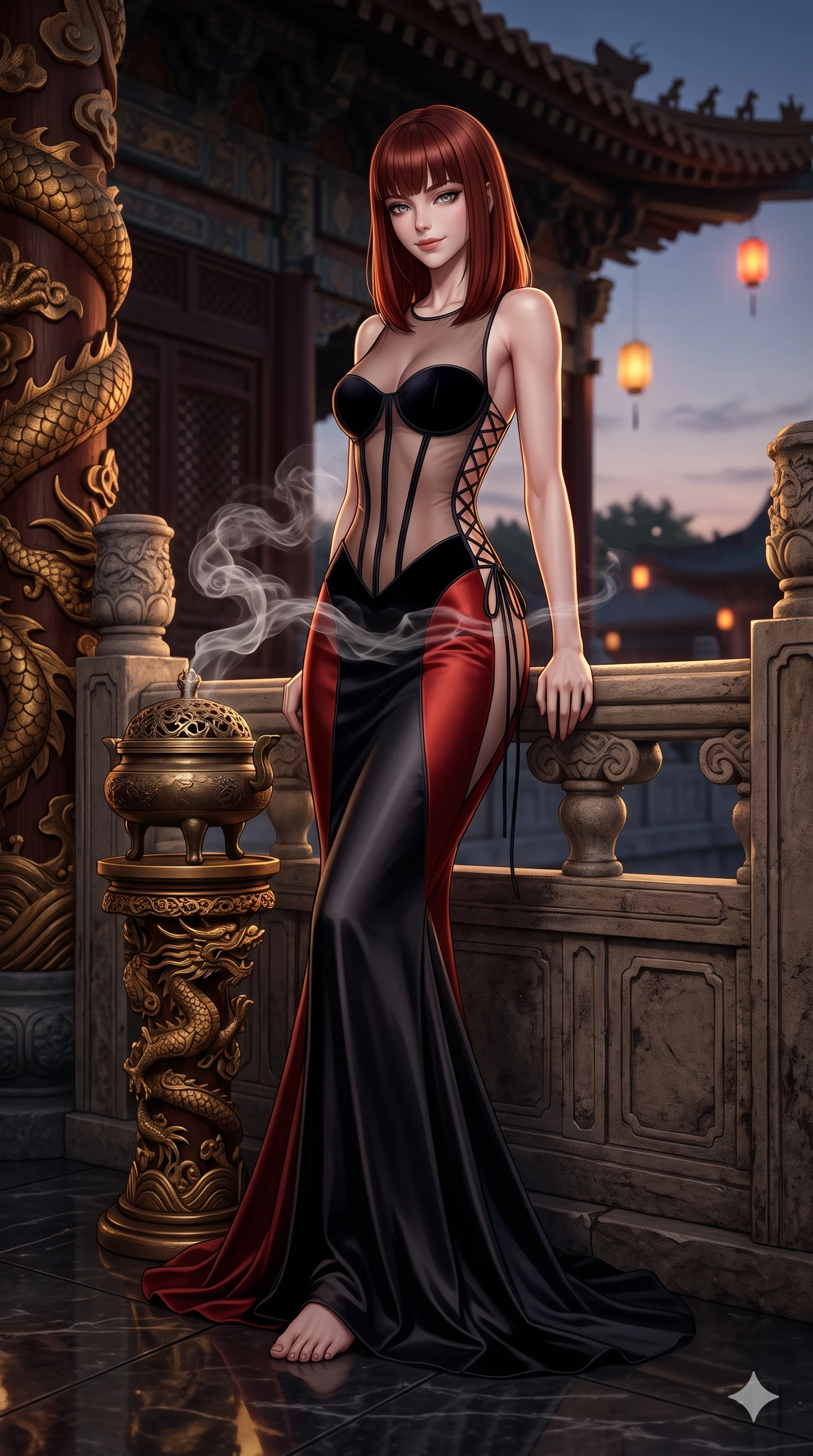 score_9, masterpiece, best quality, ultra-detailed, high-budget anime keyframe, editorial fashion photography, tasteful artistic composition, Caucasian woman. low angle full-body shot from head to toe showing her feet, filling the entire 9:16 vertical frame with her statuesque presence, stretching her vertical silhouette. leaning deep against the balcony balustrade with hips cocked back in an unapologetically alluring high-fashion stance, casting an intoxicating glance while standing tall beside the antique bronze incense burner, watching swirling aromatic smoke tendrils drift past her flat midriff and hips. The surrounding environment is rendered in vivid detail and crisp panoramic clarity: sharp bronze incense burner openwork lid, carved gilt wood dragon scales, and polished stone floor reflections in deep focus. She has an absolutely perfect, statuesque 8.5-heads proportion, an exceptionally tall and slender model-like female figure with impossibly long slender legs, an ultra-slim waist, a flat toned midriff, narrow delicate ribcage, and beautifully sculpted feminine hips creating a graceful, slim hourglass silhouette without any bulky heaviness. sharp v-shaped jawline, high-bridge nose, sparkling eyes with hypnotic seductive depth, thick curled eyelashes, glossy parted lips with a natural dewy peach sheen, alluring bedroom-eyes with an enchanting coquettish smile, exuding magnetic siren charisma and sophisticated glamour, flawlessly proportioned anatomical accuracy, strict slender model proportions, natural body alignment, perfectly sculpted long slender limbs, ultra-slim waistline, clean dynamic posture without body distortion. wearing a sheer-illusion mesh corset gown with strategic opaque velvet hanbok panels framing her waist and hips in midnight obsidian black and rich cinnabar red, tailored from smooth liquid silk satin with a natural dewy moonlight sheen, featuring fine criss-cross lace-up side ties revealing tantalizing glimpses of her hip curve, the precision-cut side openings and low-back scoop framing her graceful spine and the sensual sweep of her slim, toned hips. illuminated by polished floor bounce and sharp amber-bronze rim lights defining her razor-sharp jawline, narrow waist, and curvy hips. ultra-reflective glossy finish, specular highlights, rich textural contrasts, high-contrast stereoscopic depth, volumetric dynamic lighting, 2k, ultra detail, master piece, 9:16 ratio