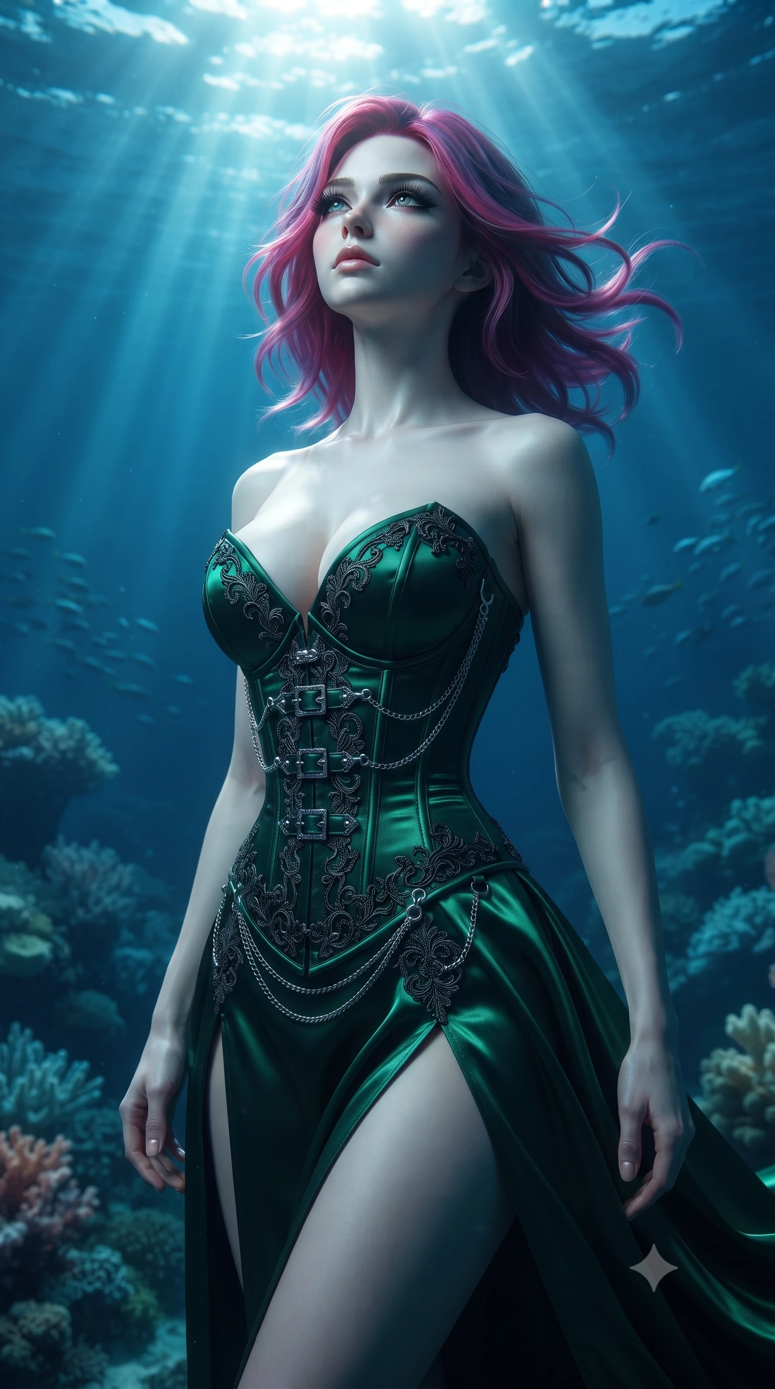 score_9, masterpiece, best quality, ultra-detailed, high-budget anime keyframe, editorial fashion photography, tasteful artistic composition, Caucasian woman. close-up cowboy shot from the waist and thighs up, the character dominates the composition, filling the frame with her large presence, background elements kept in soft focus. Casting a slow, direct gaze beneath heavy lashes with quiet intensity, looking up at the sunlit water surface with a calm, serene expression, breathtaking luxury underwater aesthetic with divine allure. She has an exceptionally elegant, slender, and willowy female figure with an ultra-slim waist, a gracefully sculpted slender torso, and a refined silhouette. sharp v-shaped jawline, high-bridge nose, intricate jewel-like eyes with depth, thick eyelashes, glossy lips with a natural sheen. wearing low-cut gothic structured bodice gown with high leg slit in deep emerald green, made of soft crimson satin, framed by dark titanium buckles and silver chain details, contouring every curve with an exceptionally elegant silhouette. lit by clear sunbeams penetrating ocean depths with soft shadows. ultra-reflective glossy finish, specular highlights, metallic sheen, high-contrast stereoscopic depth, volumetric dynamic lighting, 2k, ultra detail, master piece, 9:16 ratio