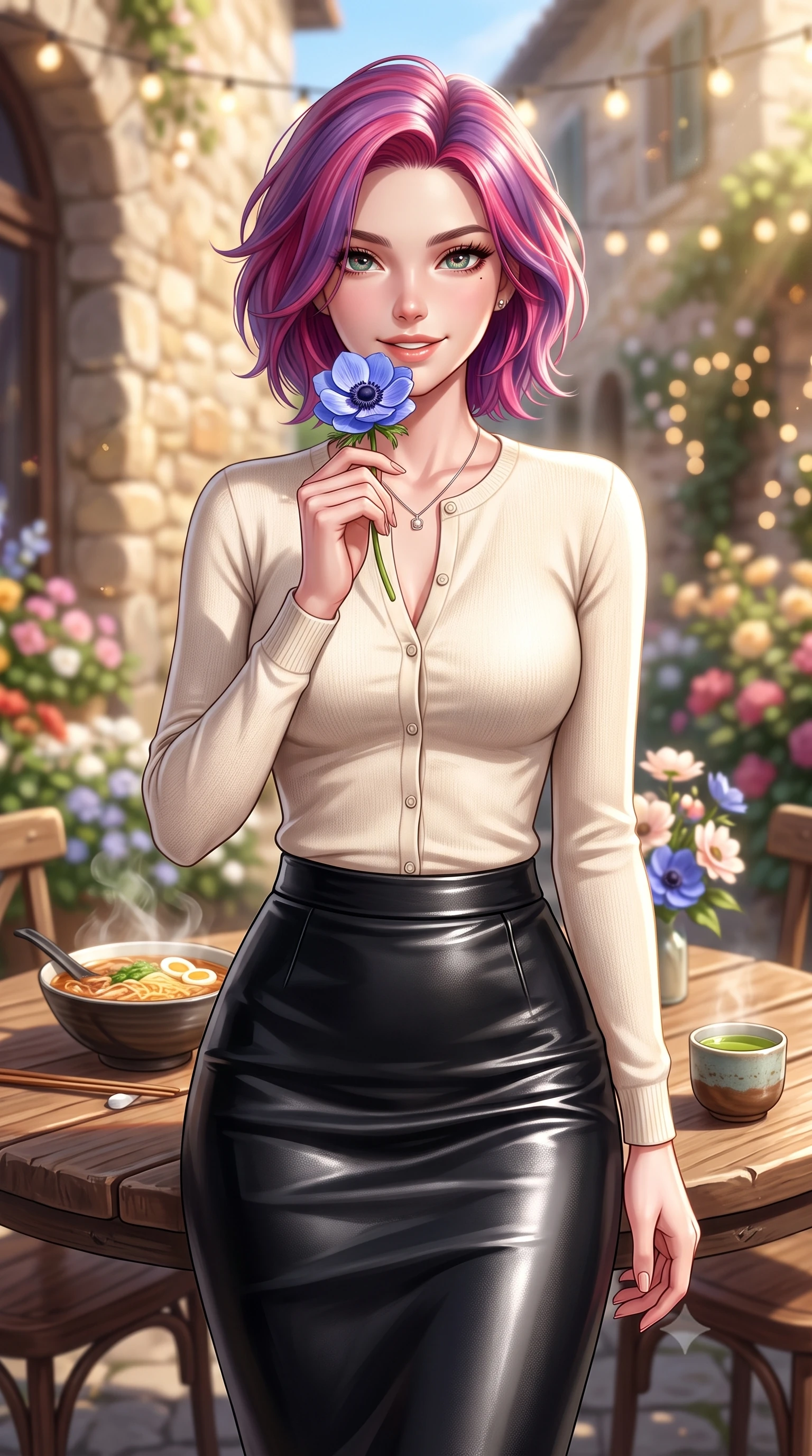score_9, masterpiece, best quality, ultra-detailed, high-budget anime keyframe, editorial fashion photography, tasteful artistic composition, Caucasian woman. close-up cowboy shot from the waist and thighs up, the character dominates the composition, filling the frame with her large presence, background elements kept in soft focus. holding a delicate flower near her lips, smiling with magnetic self-assurance and glowing eyes set against a soft-focus background of at an outdoor garden table of a cozy Italian bistro decorated with fairy lights with a steaming bowl of ramen and a small cup of hot green tea nearby. She has an exceptionally elegant, slender, and willowy female figure with an ultra-slim waist, a gracefully sculpted slender torso, and a refined silhouette. sharp v-shaped jawline, high-bridge nose, intricate jewel-like eyes with depth, thick eyelashes, glossy lips with a natural sheen. wearing body-hugging tight-fitting cashmere cardigan closed, paired with a sleek leather midi skirt. crisp morning sun rays creating a fresh and energetic breakfast atmosphere. ultra-reflective glossy finish, specular highlights, metallic sheen, high-contrast stereoscopic depth, volumetric dynamic lighting, 2k, ultra detail, master piece, 9:16 ratio