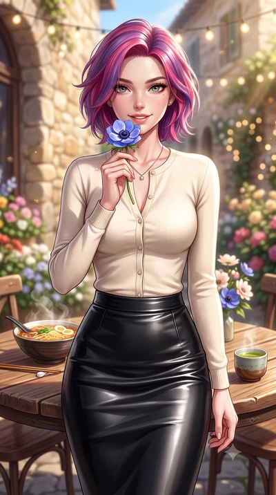 score_9, masterpiece, best quality, ultra-detailed, high-budget anime keyframe, editorial fashion photography, tasteful artistic composition, Caucasian woman. close-up cowboy shot from the waist and thighs up, the character dominates the composition,
