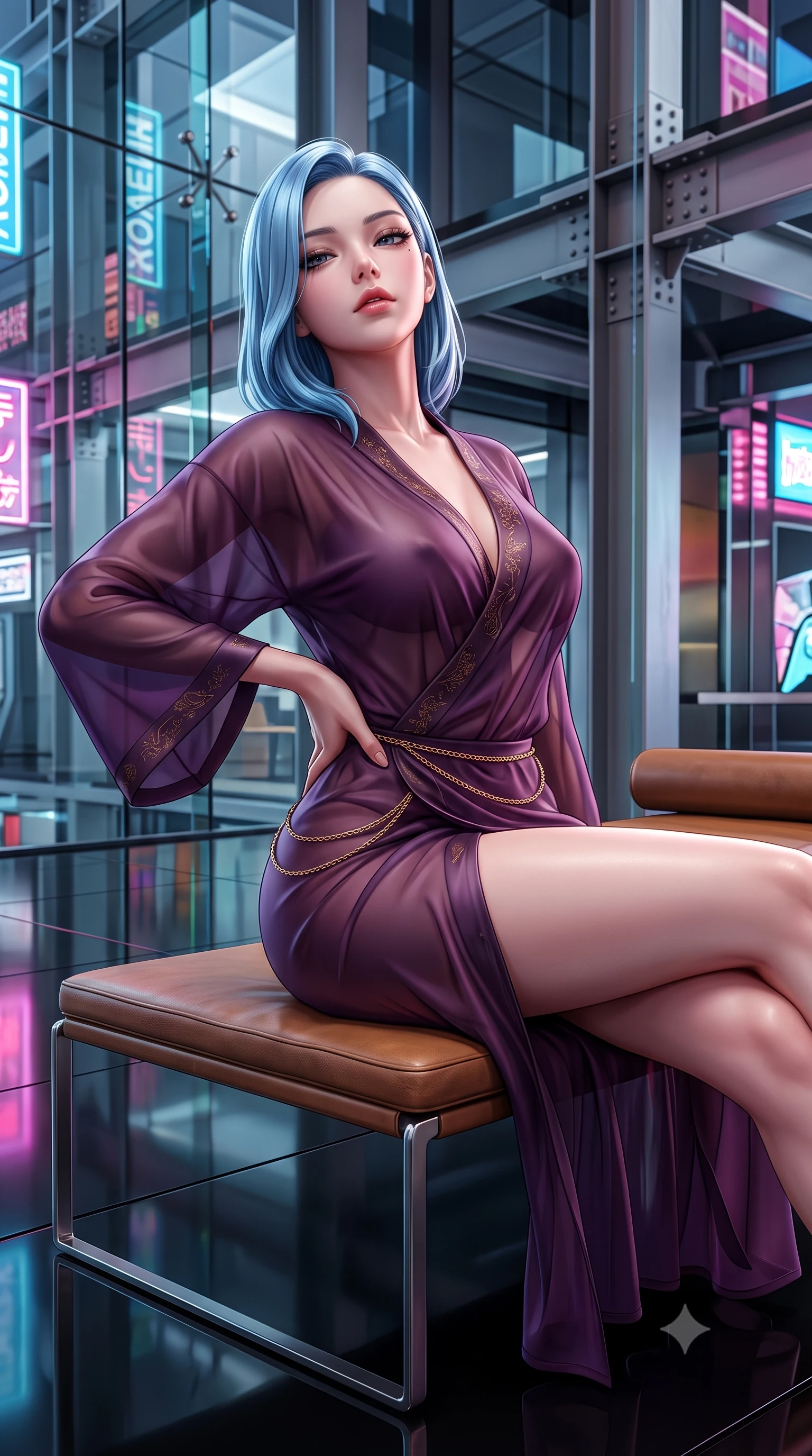 score_9, masterpiece, best quality, ultra-detailed, high-budget anime keyframe, semi-realistic 3D game render, editorial fashion photography, tasteful artistic composition, Korean woman. close-up cowboy shot from the waist and thighs up, the character dominates the composition, filling the frame with her large presence. tilting her chin up with proud, sovereign allure while gazing through thick eyelashes, one hand resting on her waist in pure supermodel charisma while reclining on a low-slung minimalist leather bench on the polished black resin floor, her curvaceous hips and willowy limbs creating an avant-garde geometric silhouette. The surrounding environment is rendered in vivid detail and crisp panoramic clarity. sharp glass bevel joints, black resin floor mirror reflections, and architectural steel frame connections in deep focus. She has an exceptionally elegant, slender, and willowy female figure with an ultra-slim waist, flat toned midriff, narrow ribcage, and sculpted feminine hips creating an alluring, slim hourglass silhouette without bulk. sharp v-shaped jawline, high-bridge nose, intricate jewel-like eyes with depth, thick eyelashes, glossy parted lips with a natural sheen, intensely captivating and seductive bedroom-eyes expression, flawlessly proportioned anatomical accuracy, strict slender model proportions, natural body alignment, perfectly sculpted long slender limbs, ultra-slim waistline, clean dynamic posture without body distortion. wearing a delicate semi-translucent silk yukata that clings to her wet skin and curvy hip contours in deep plum violet and antique bronze, tailored from liquid silk jersey adhering flawlessly to her slender build, accented with a delicate gold chain belt resting loosely on her curvy hips, the glove-like aerodynamic silhouette tightly following the natural contour of her hips and long slender legs with statuesque 8.5-heads elegance. bathed in pure, diffused designer architectural lighting and vibrant Tokyo street neon reflections. highly saturated vibrant anime colors, detailed shading with soft gradients, rich glossy textures, high-contrast stereoscopic depth, volumetric dynamic lighting, master piece, 9:16 ratio