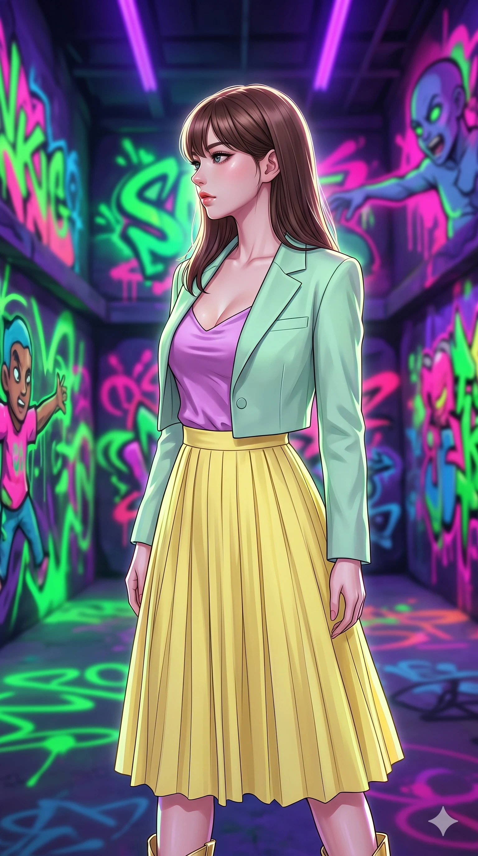 score_9, masterpiece, best quality, ultra-detailed, high-budget anime keyframe, editorial fashion photography, tasteful artistic composition, Korean woman. close-up cowboy shot from the waist and thighs up, the character dominates the composition, filling the frame with her large presence, background elements kept in soft focus. Turning her face in sharp dramatic profile against the light. set against a soft-focus background of a vast underground chamber where spray-paint graffiti murals covering every surface glow with neon light and the painted characters animate and move within their murals reaching across walls. She has an exceptionally elegant and slender, willowy female figure with an ultra-slim waist, a gracefully sculpted slender torso, and a refined slim physique. sharp v-shaped jawline, high-bridge nose, intricate jewel-like eyes with depth, thick eyelashes, glossy lips with a natural sheen. wearing a pastel mint green cropped blazer layered over an orchid purple silk slip top, paired with a high-waisted lemon yellow pleated midi skirt and gold heels. vivid neon UV blacklight making fluorescent graffiti colors pop intensely in electric green hot pink and ultraviolet against the dark concrete surfaces. 2k, ultra detail, master piece, 9:16 ratio