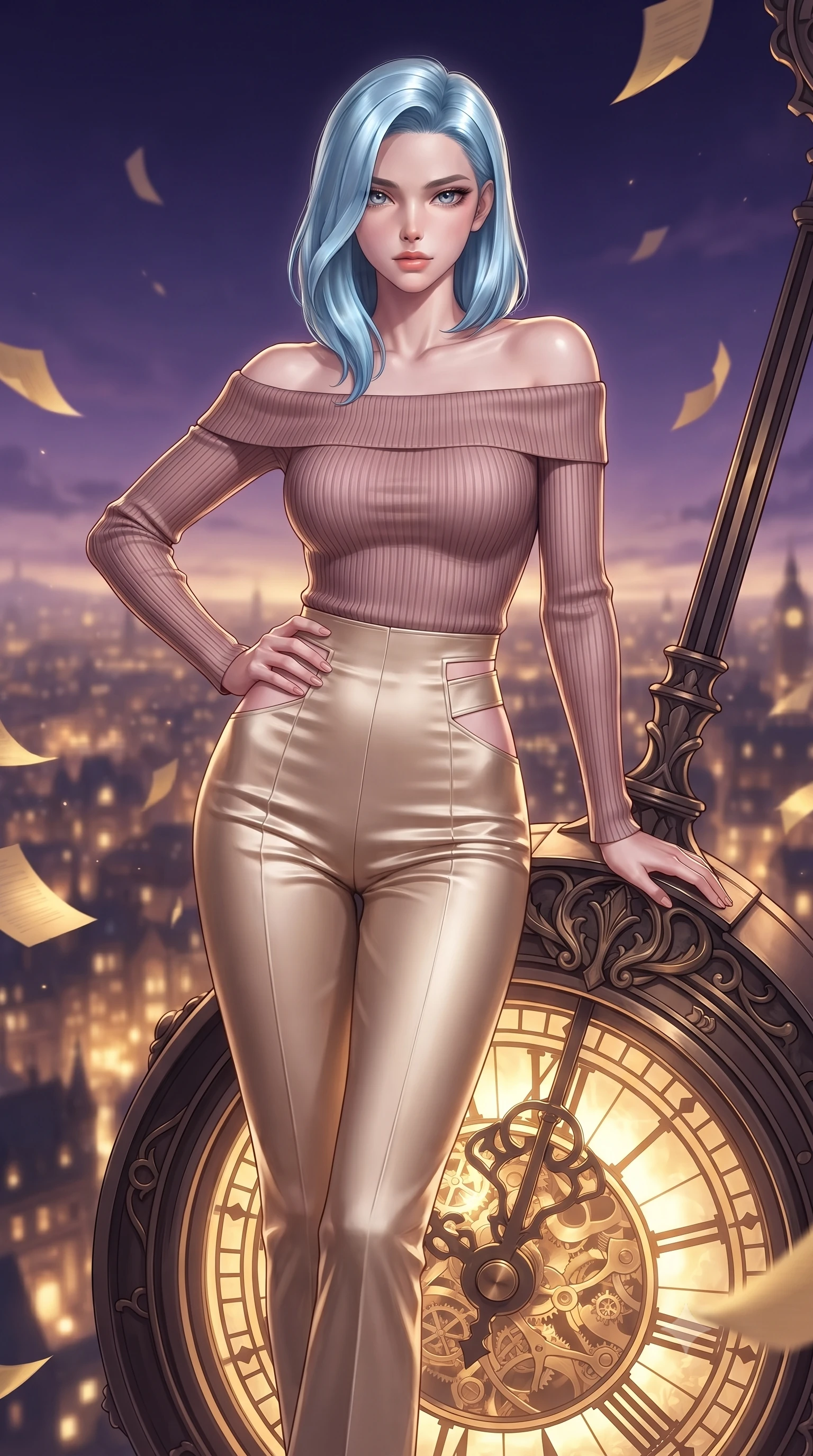 score_9, masterpiece, best quality, ultra-detailed, high-budget anime keyframe, editorial fashion photography, tasteful artistic composition, Korean woman. close-up cowboy shot from the waist and thighs up, the character dominates the composition, filling the frame with her large presence, background elements kept in soft focus. Holding a confident power pose with one hand on her hip, gazing directly into the camera with quiet intensity poised on a massive mechanical clock pendulum swinging over a golden city, golden paper pages fluttering gently around her in a magical breeze. She has an exceptionally elegant, slender, and willowy female figure with an ultra-slim waist, a gracefully sculpted slender torso, and a refined silhouette. sharp v-shaped jawline, high-bridge nose, intricate jewel-like eyes with depth, thick eyelashes, glossy lips with a natural sheen. wearing a sleek off-shoulder ribbed knit top paired with high-waist tailored pants in dusty rose and champagne gold, crafted from lustrous satin jersey with fluid draping, featuring subtle geometric cutouts that highlight her ultra-slim midriff, the sleek second-skin texture accentuating her magnetic presence. lit by a contrast of deep violet sky and radiant golden mechanical light. ultra-reflective glossy finish, specular highlights, metallic sheen, high-contrast stereoscopic depth, volumetric dynamic lighting, 2k, ultra detail, master piece, 9:16 ratio