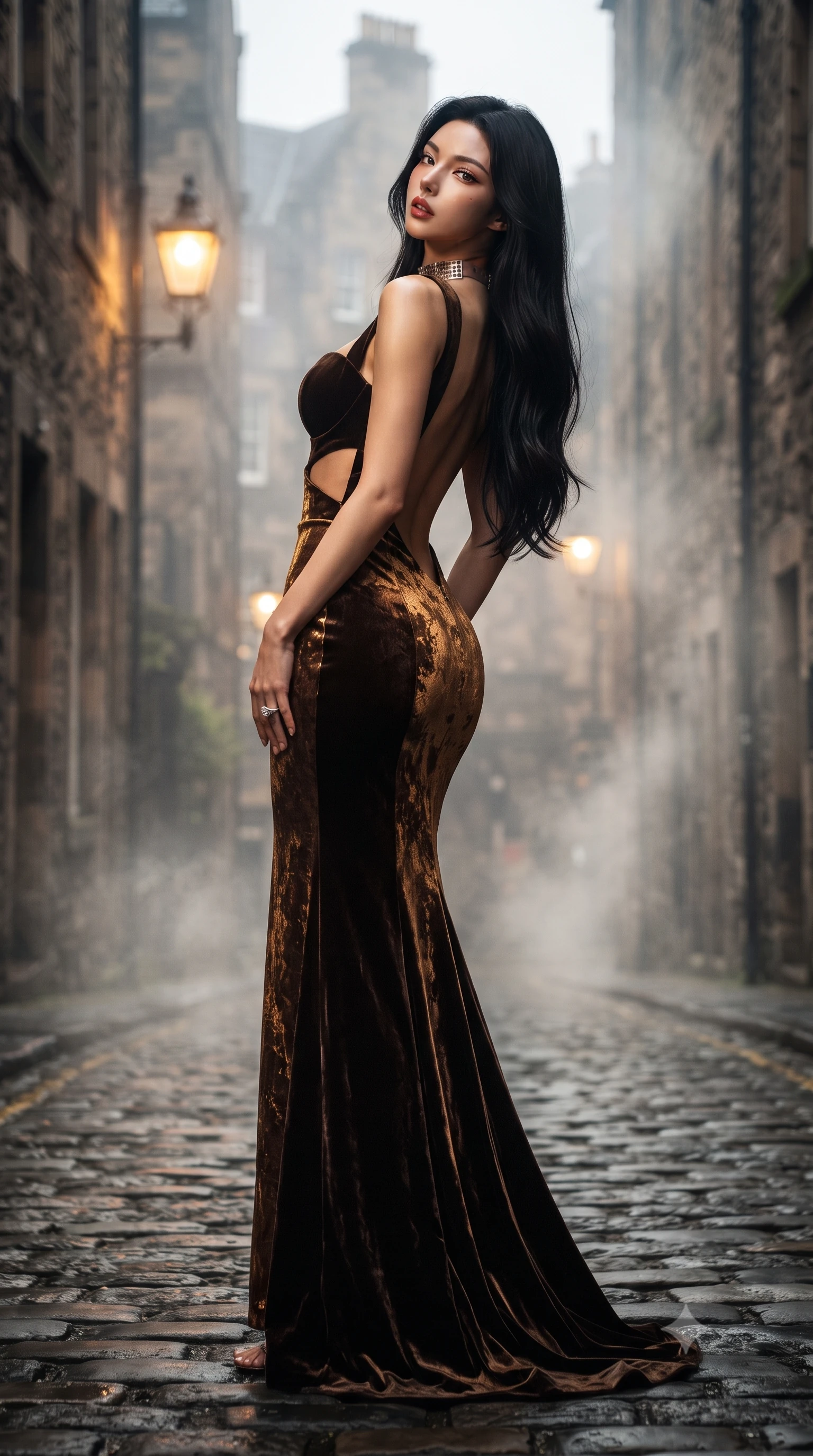 score_9, masterpiece, best quality, ultra-detailed, high-budget anime keyframe, editorial fashion photography, tasteful artistic composition, Korean woman. low angle full-body shot from head to toe showing her feet, filling the entire 9:16 vertical frame with her statuesque presence, stretching her vertical silhouette. posing with back turned slightly to the lens, glancing back with smoldering allure as she arches her lower back to emphasize her sculpted feminine hips and slender waist while descending the steep, narrow cobblestone close between ancient stone tenements, arching her back with sovereign poise under glowing gas street lamps. The composition keeps background elements in soft focus with creamy bokeh. rising cobblestone mist and historic wrought-iron hanging signs softened in atmospheric Scottish shallow focus. She has an exceptionally tall and slender model-like 8.5-heads proportion, an ultra-slim waist, a flat toned midriff, narrow delicate ribcage, and beautifully sculpted feminine hips creating a graceful, slim hourglass silhouette without any bulky heaviness, with impossibly long slender legs. sharp v-shaped jawline, high-bridge nose, intricate jewel-like eyes with depth, thick eyelashes, glossy parted lips with a natural sheen, intensely captivating and seductive bedroom-eyes expression, flawlessly proportioned anatomical accuracy, strict slender model proportions, natural body alignment, perfectly sculpted long slender limbs, ultra-slim waistline, clean dynamic posture without body distortion. wearing a deep sweetheart neckline crushed velvet corseted ballgown with an exposed midriff cutout in dark espresso brown and molten gold foil, tailored from ultra-smooth duchess satin with a pearlescent sheen, complemented by a bold geometric choker and sparkling cocktail ring, the dramatically scooped open back descending to the base of her spine, accentuating her razor-sharp statuesque lines and slim hourglass silhouette. illuminated by wet stone specular bounce light sharply defining her sculpted cheekbones, ultra-slim waist, and curvy hips. ultra-reflective glossy finish, specular highlights, rich textural contrasts, high-contrast stereoscopic depth, volumetric dynamic lighting, 2k, ultra detail, master piece, 9:16 ratio