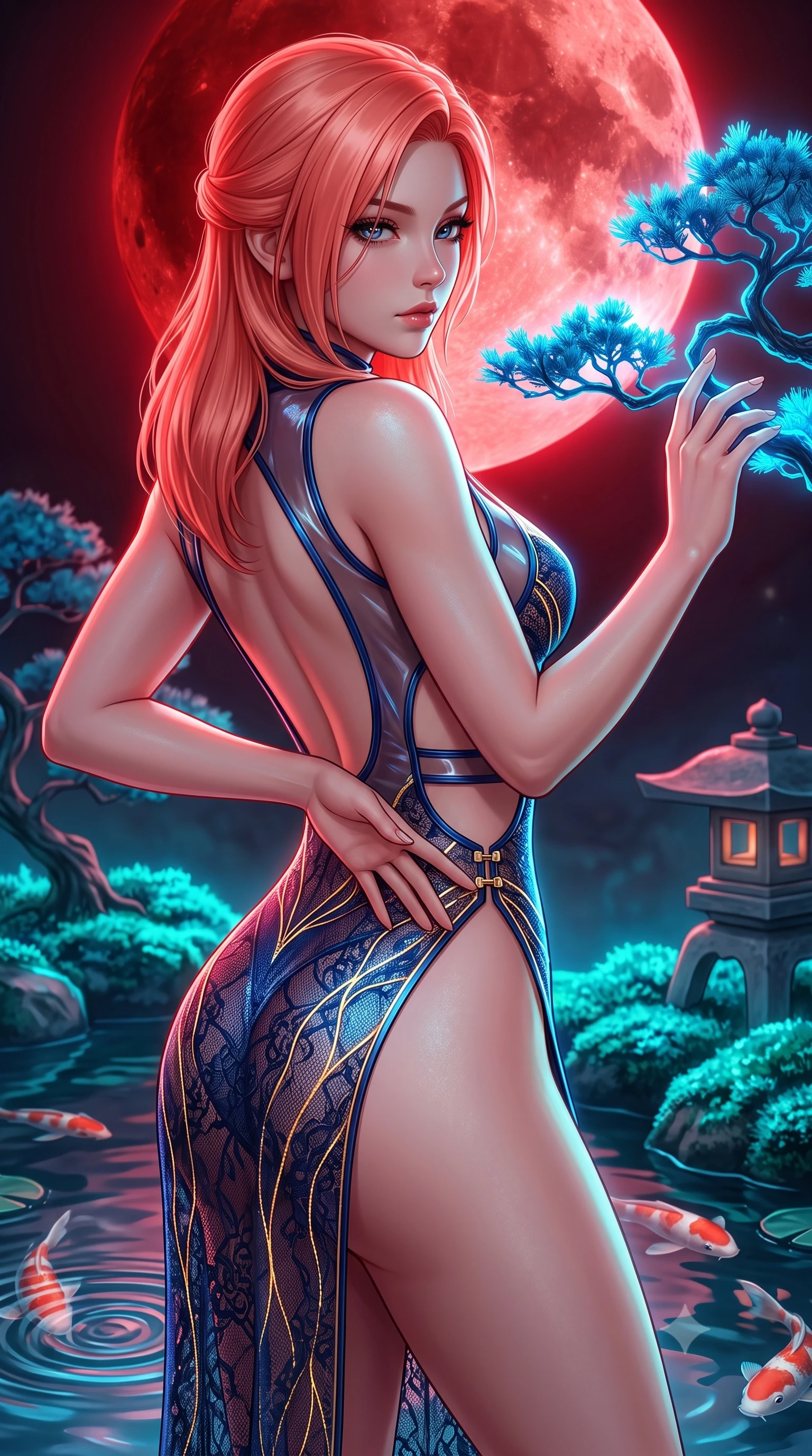 score_9, masterpiece, best quality, ultra-detailed, high-budget anime keyframe, semi-realistic 3D game render, editorial fashion photography, tasteful artistic composition, Japanese woman. close-up cowboy shot from the waist and thighs up, the character dominates the composition, filling the frame with her large presence. twisting her upper body in a dynamic S-curve with an alluring smolder, one hand trailing along her slender waist while reaching out to touch a glowing blue bonsai branch while glancing over her shoulder with smoldering eyes. The surrounding environment is rendered in vivid detail and crisp panoramic clarity. sharp digital koi pond ripples, crisp blood moon craters, and stone lantern details in high resolution. She has an exceptionally elegant, slender, and willowy female figure with an ultra-slim waist, a gracefully sculpted slender torso, and a refined silhouette. sharp v-shaped jawline, high-bridge nose, intricate jewel-like eyes with depth, thick eyelashes, glossy lips with a natural sheen, flawlessly proportioned anatomical accuracy, natural body alignment, perfectly sculpted elegant limbs, clean dynamic posture without body distortion. wearing a high-cut translucent vinyl leotard with front paneling, exposed side-rib cutouts, and an open back in midnight sapphire blue and glowing gold filaments, crafted from delicate dark lace interwoven with luminescent micro-fibers, finished with an ultra-high side slit secured by miniature magnetic clasps, the form-contouring second-skin material highlighting her ultra-slim waist and long lines. bathed in dramatic crimson blood-moon backlighting and glowing cyan moss ambient fill. highly saturated vibrant anime colors, detailed shading with soft gradients, rich glossy textures, high-contrast stereoscopic depth, volumetric dynamic lighting, master piece, 9:16 ratio