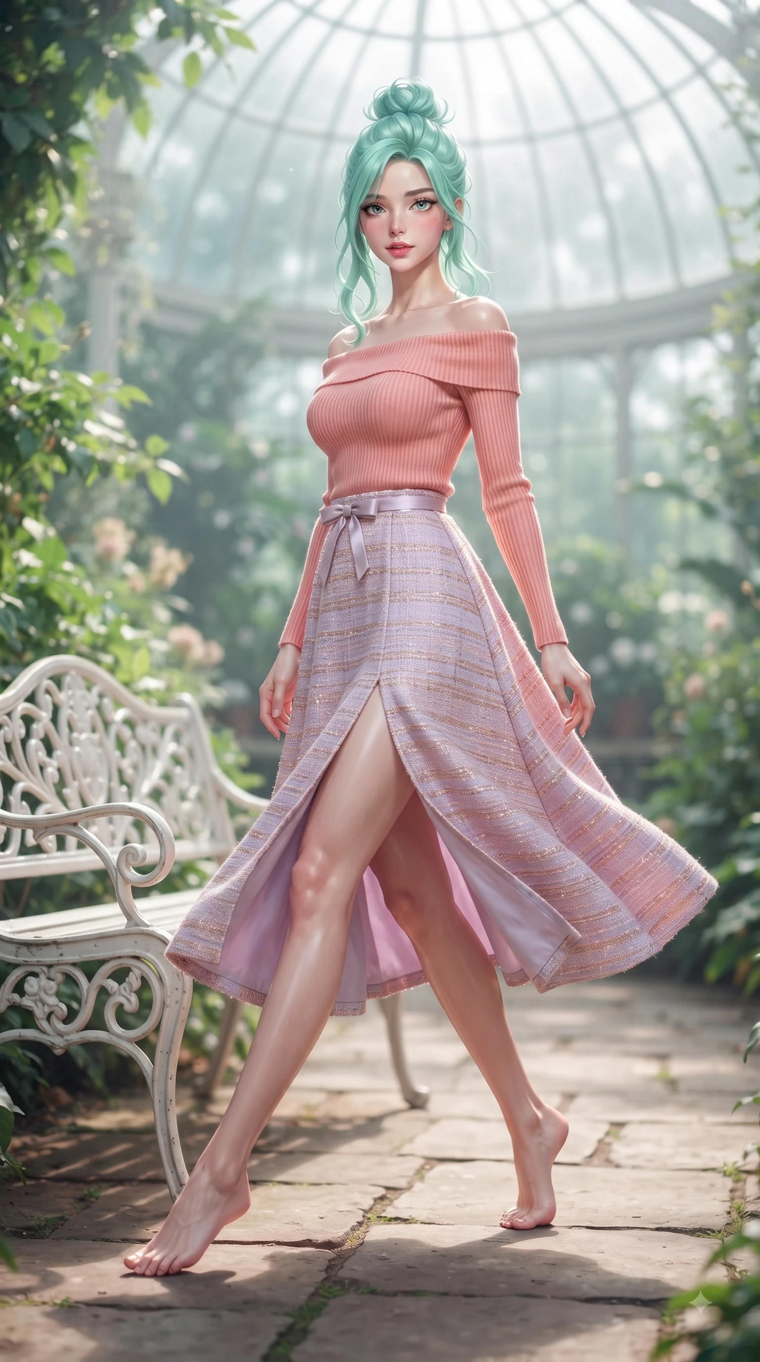score_9, masterpiece, best quality, ultra-detailed, high-budget anime keyframe, editorial fashion photography, tasteful artistic composition, Japanese woman. low angle full-body shot from head to toe showing her feet, filling the entire 9:16 vertical frame with her statuesque presence, stretching her vertical silhouette. stepping forward gracefully in mid-motion with a delighted cute expression, displaying her statuesque model proportions while sitting on a classic white iron bench in a sun-drenched glasshouse surrounded by emerald greenery. The composition keeps background elements in soft focus with dreamy bokeh. lush tropical foliage and misty glass dome panes blurred into a dreamy emerald background bokeh. She has an absolutely perfect, statuesque 8.5-heads proportion, an exceptionally tall and slender model-like female figure with impossibly long slender legs and an ultra-slim waist. sharp v-shaped jawline, high-bridge nose, intricate jewel-like eyes with depth, thick eyelashes, glossy lips with a natural sheen, flawlessly proportioned anatomical accuracy, natural body alignment, perfectly sculpted elegant limbs, clean dynamic posture without body distortion. wearing a soft coral off-shoulder ribbed knit top paired with a flowy white A-line midi skirt in pastel lilac and soft rose gold, tailored from soft pastel tweed with subtle metallic thread, accented with a dainty waist ribbon bow, the tailored casual silhouette highlighting her fresh and youthful presence. surrounded by a peaceful, sun-drenched, and healing greenhouse atmosphere. ultra-reflective glossy finish, specular highlights, metallic sheen, high-contrast stereoscopic depth, volumetric dynamic lighting, 2k, ultra detail, master piece, 9:16 ratio