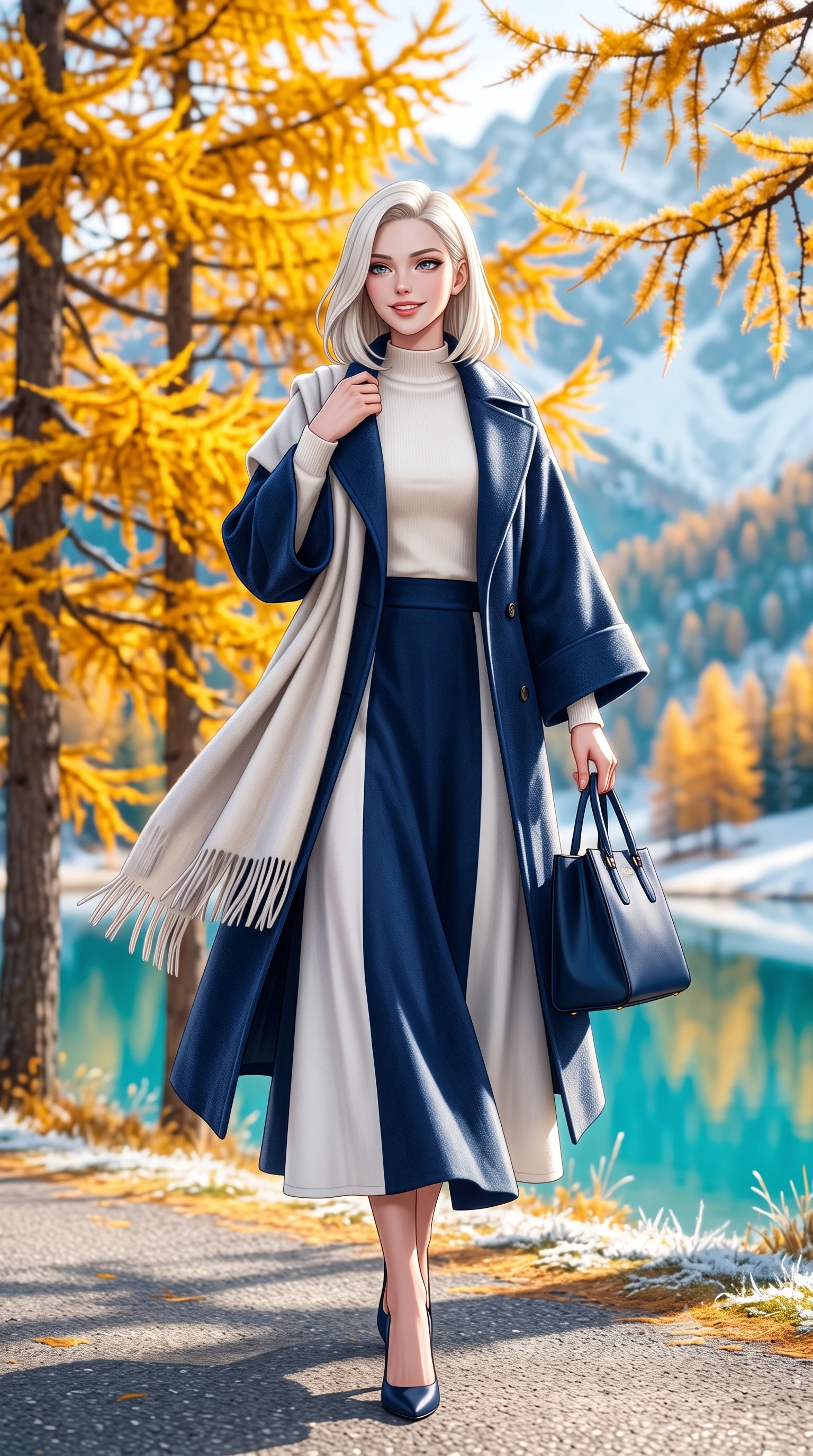 score_9, masterpiece, best quality, ultra-detailed, high-budget anime keyframe, semi-realistic 3D game render, editorial fashion photography, tasteful artistic composition, Caucasian woman. low angle full-body shot from head to toe showing her feet, filling the entire 9:16 vertical frame with her statuesque presence, stretching her vertical silhouette. walking briskly with tall supermodel strides, one hand holding her leather bag and the other swinging with energetic charm while pausing beneath a stand of brilliant golden larch trees reflecting in the turquoise water, holding her coat lapels with refined elegance. The background shows a soft-focus mirror-like turquoise lake reflecting snow peaks, blazing golden needle larch trees, and early morning shoreline frost blurred into turquoise, marigold, and frost white bokeh. She has an exceptionally tall and slender model-like 8.5-heads proportion, an ultra-slim waist, a flat toned midriff, narrow delicate ribcage, and beautifully sculpted feminine hips creating a graceful, slim hourglass silhouette without any bulky heaviness, with impossibly long slender legs. sharp v-shaped jawline, high-bridge nose, intricate jewel-like sparkling eyes with depth, thick eyelashes, glossy parted lips with a natural peach sheen, bright cheerful beaming smile with an enchanting and coquettish sensual glint, exuding both youthful cute charm and seductive allure, flawlessly proportioned anatomical accuracy, strict slender model proportions, natural body alignment, perfectly sculpted long slender limbs, ultra-slim waistline, clean dynamic posture without body distortion. wearing an elegant tailored wool trench with kimono-inspired wide sleeves worn over an ivory mock-neck sweater and long skirt in French navy blue and crisp alabaster white, made of luxurious brushed wool flannel with rich textural depth and clean structure, accented with a wide brushed cashmere fringe scarf draped elegantly over one shoulder, the streamlined silhouette following her natural slender proportions with sophisticated poise, enhancing her tall willowy presence. illuminated by frosted ground bounce and sharp crystalline rim lights defining her features, narrow waist, and statuesque height. highly saturated vibrant anime colors, detailed shading with soft gradients, rich glossy textures, high-contrast stereoscopic depth, volumetric dynamic lighting, master piece, 9:16 ratio