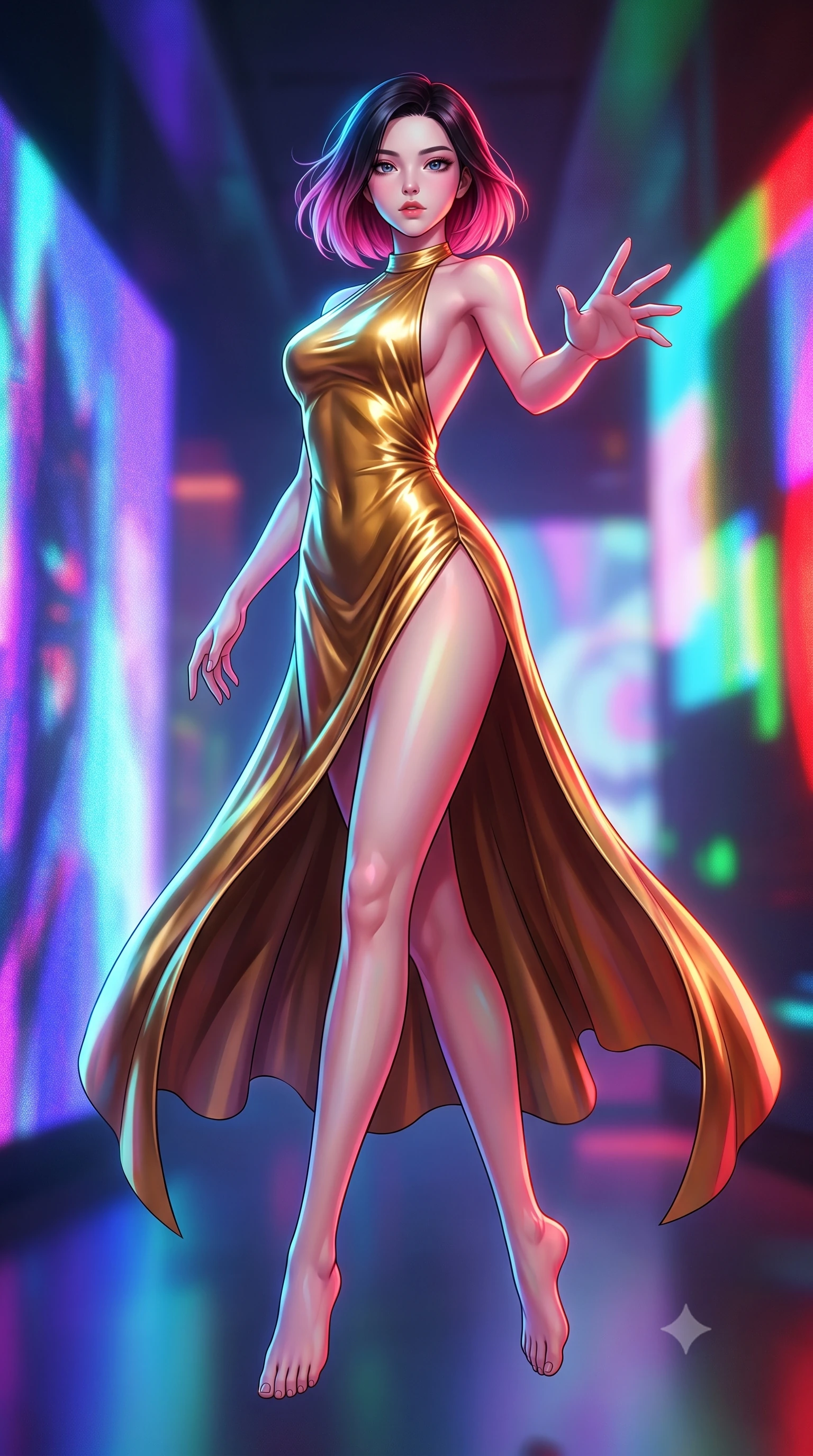 score_9, masterpiece, best quality, ultra-detailed, high-budget anime keyframe, editorial fashion photography, tasteful artistic composition, Korean woman woman. low angle full-body shot from head to toe showing her feet, filling the entire 9:16 vertical frame with her statuesque presence, stretching her vertical silhouette. She has an absolutely perfect, statuesque 8.5-heads proportion, an exceptionally tall and slender model-like female figure with impossibly long slender legs and an ultra-slim waist. floating dynamically in zero-gravity with flawless poise, reaching her hand forward gracefully, flawlessly proportioned anatomical accuracy, natural body alignment, perfectly sculpted elegant limbs, clean dynamic posture without body distortion. set against a soft-focus background of a high-end gallery with RGB noise digital canvas displays. wearing a backless metallic gold halter gown with a daring high side slit to mid-thigh. bathed in dynamic shifting RGB neon lights creating dramatic high-contrast rim light. highly saturated vibrant anime colors, detailed shading with soft gradients, rich glossy textures, high-contrast stereoscopic depth, volumetric dynamic lighting, master piece, 9:16 ratio