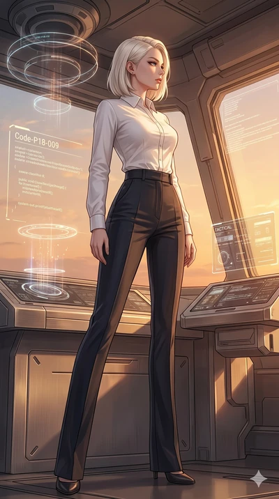 score_9, masterpiece, best quality, ultra-detailed, high-budget anime keyframe, editorial fashion photography, tasteful artistic composition, Caucasian woman, strictly human ears. low angle full-body shot from head to toe showing her feet, filling th