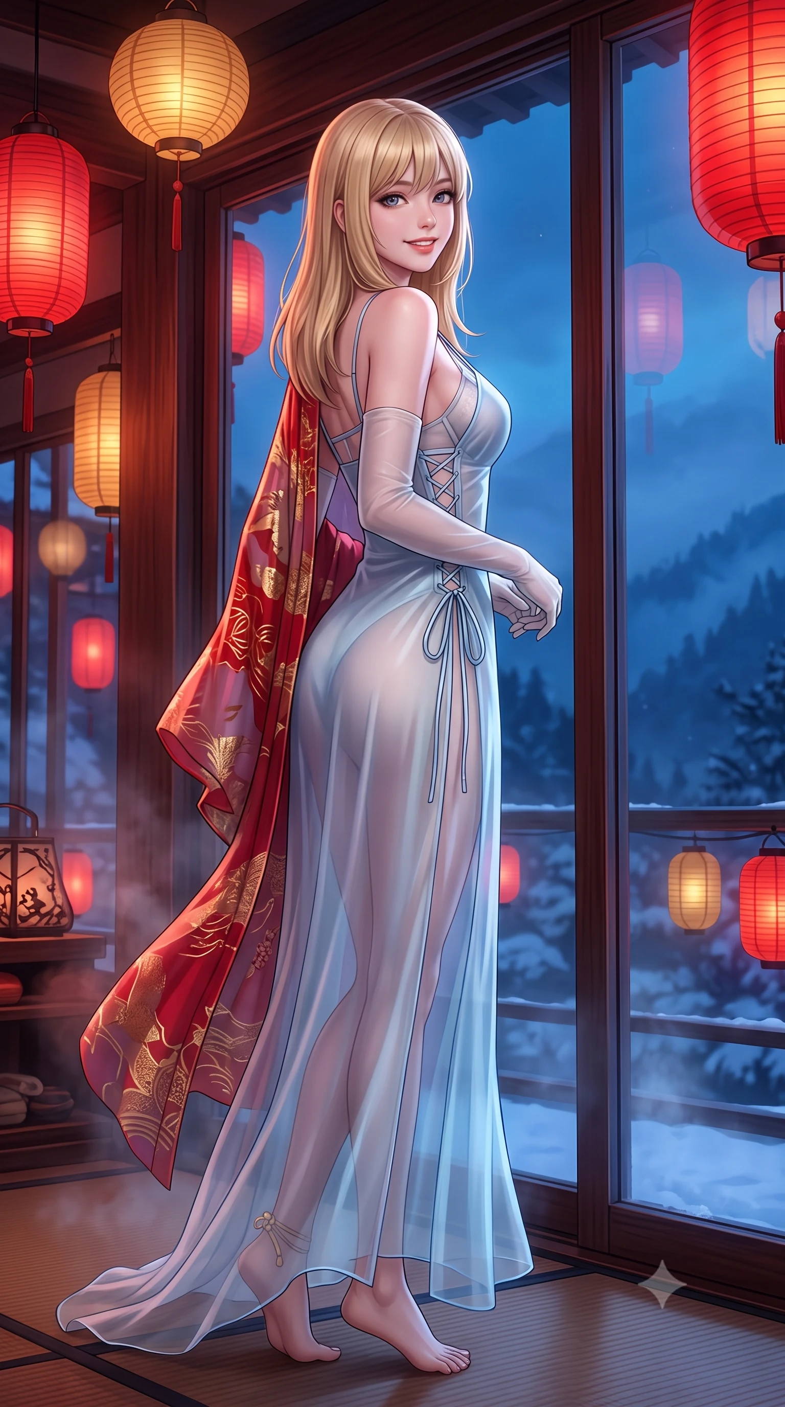 score_9, masterpiece, best quality, ultra-detailed, high-budget anime keyframe, semi-realistic 3D game render, editorial fashion photography, tasteful artistic composition, Japanese woman. low angle full-body shot from head to toe showing her feet, filling the entire 9:16 vertical frame with her statuesque presence, stretching her vertical silhouette. posing in a classic haute-couture S-curve stance beside the floor-to-ceiling window, looking over a bare shoulder with magnetic presence while twisting her slender torso in an alluring contrapposto stance, glowing crimson paper lanterns and hot spring vapor caressing her narrow waist and curvy hips. The surrounding environment is rendered in vivid detail and crisp panoramic clarity: detailed ethereal translucent silk chiffon yukata robe slipping off bare shoulders, strappy underwire bralette cling, and traditional craft in razor-sharp precision. She has an exceptionally tall and slender model-like 8.5-heads proportion, an ultra-slim waist, a flat toned midriff, narrow delicate ribcage, and beautifully sculpted feminine hips creating a graceful, slim hourglass silhouette without any bulky heaviness, with impossibly long slender legs. sharp v-shaped jawline, high-bridge nose, intricate jewel-like sparkling eyes with depth, thick eyelashes, glossy parted lips with a natural peach sheen, bright cheerful beaming smile with an enchanting and coquettish sensual glint, exuding both youthful cute charm and seductive allure, flawlessly proportioned anatomical accuracy, strict slender model proportions, natural body alignment, perfectly sculpted long slender limbs, ultra-slim waistline, clean dynamic posture without body distortion. wearing an alluring sheer gossamer slip dress with side lace-up corset ties revealing glimpses of her hip curve in Tromsø icy arctic blue and frosted platinum, crafted from translucent silk organza with an ethereal crystalline sheen, complemented by sheer opera-length evening gloves tracing her slender arms, the second-skin tailored fabric adhering flawlessly to her sculpted flat midriff and slender torso, emphasizing her long leg lines and perfectly proportioned willowy build. bathed in the romantic vermilion-and-gold 2300K lantern glows contrasted with cool deep-blue mountain mist. highly saturated vibrant anime colors, detailed shading with soft gradients, rich glossy textures, high-contrast stereoscopic depth, volumetric dynamic lighting, master piece, 9:16 ratio