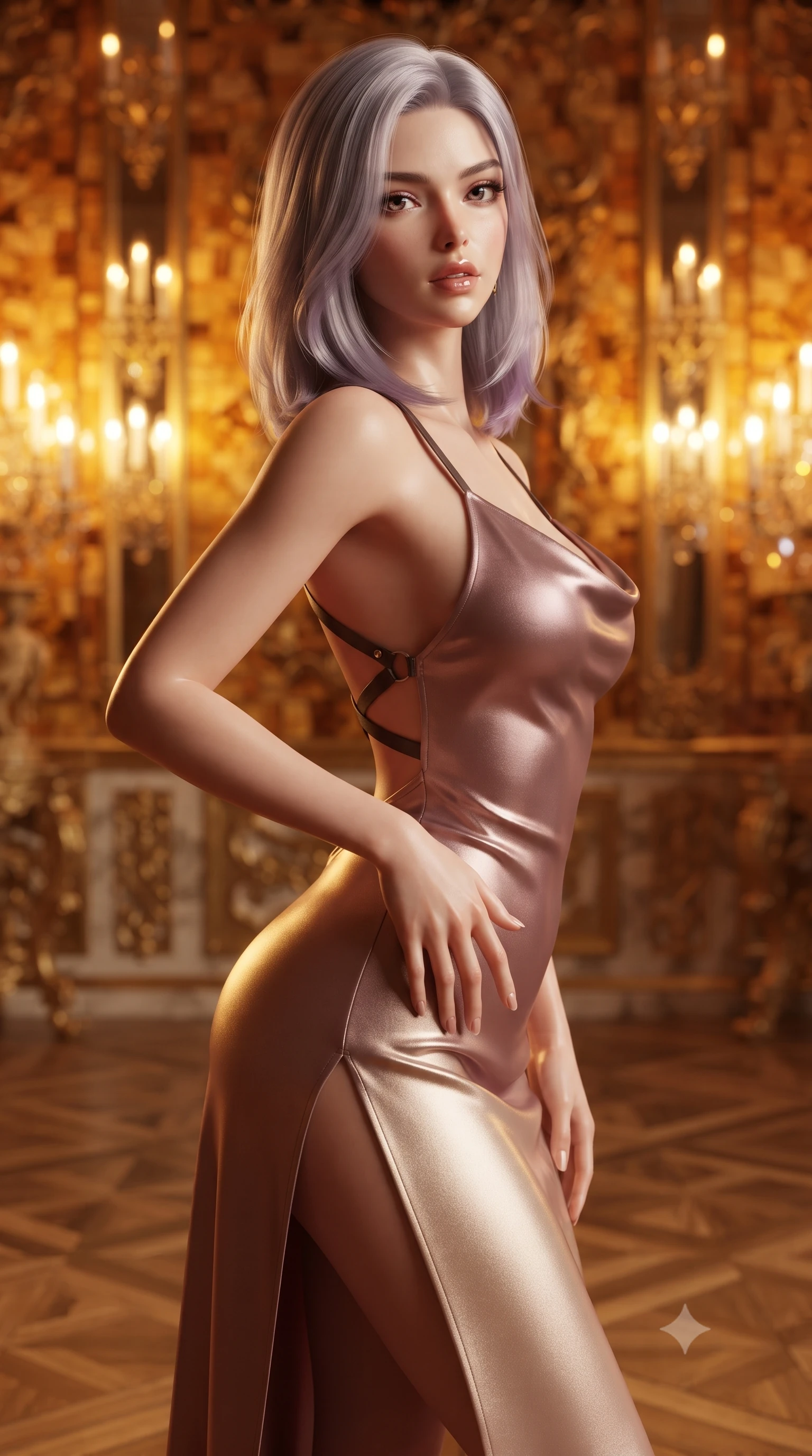 score_9, masterpiece, best quality, ultra-detailed, high-budget anime keyframe, editorial fashion photography, tasteful artistic composition, Caucasian woman. close-up cowboy shot from the waist and thighs up, the character dominates the composition, filling the frame with her large presence. resting one manicured hand delicately on her hip bone, her upper body turning in a fluid, seductive S-curve while parted lips glisten in the light while standing poised on the intricate parquet wood floor, twisting her slender torso in an alluring S-curve in the warm golden palace glow. The composition keeps background elements in soft focus with creamy bokeh. glowing amber mosaic panels, gilded baroque carvings, and crystal candelabras blurred into radiant honey, cognac, and imperial gold bokeh. She has an exceptionally elegant, slender, and willowy female figure with an ultra-slim waist, flat toned midriff, narrow ribcage, and sculpted feminine hips creating an alluring, slim hourglass silhouette without bulk. sharp v-shaped jawline, high-bridge nose, intricate jewel-like eyes with depth, thick eyelashes, glossy parted lips with a natural sheen, intensely captivating and seductive bedroom-eyes expression, flawlessly proportioned anatomical accuracy, strict slender model proportions, natural body alignment, perfectly sculpted long slender limbs, ultra-slim waistline, clean dynamic posture without body distortion. wearing a backless cowl-neck satin slip dress featuring high-cut side hip slits and delicate criss-cross back straps in dusky blush rose and champagne shimmer, made of fluid silk crepe with delicate inner corsetry boning, featuring an open-back criss-cross harness strap in dark leather, the liquid-tight tailored fabric clinging flawlessly to her narrow waist and rounded feminine hips, emphasizing every millimeter of her sculpted slim hourglass curves without any bulky heaviness. bathed in warm opulent candlelight bouncing off polished natural amber panels and gold leaf. ultra-reflective glossy finish, specular highlights, rich textural contrasts, high-contrast stereoscopic depth, volumetric dynamic lighting, 2k, ultra detail, master piece, 9:16 ratio