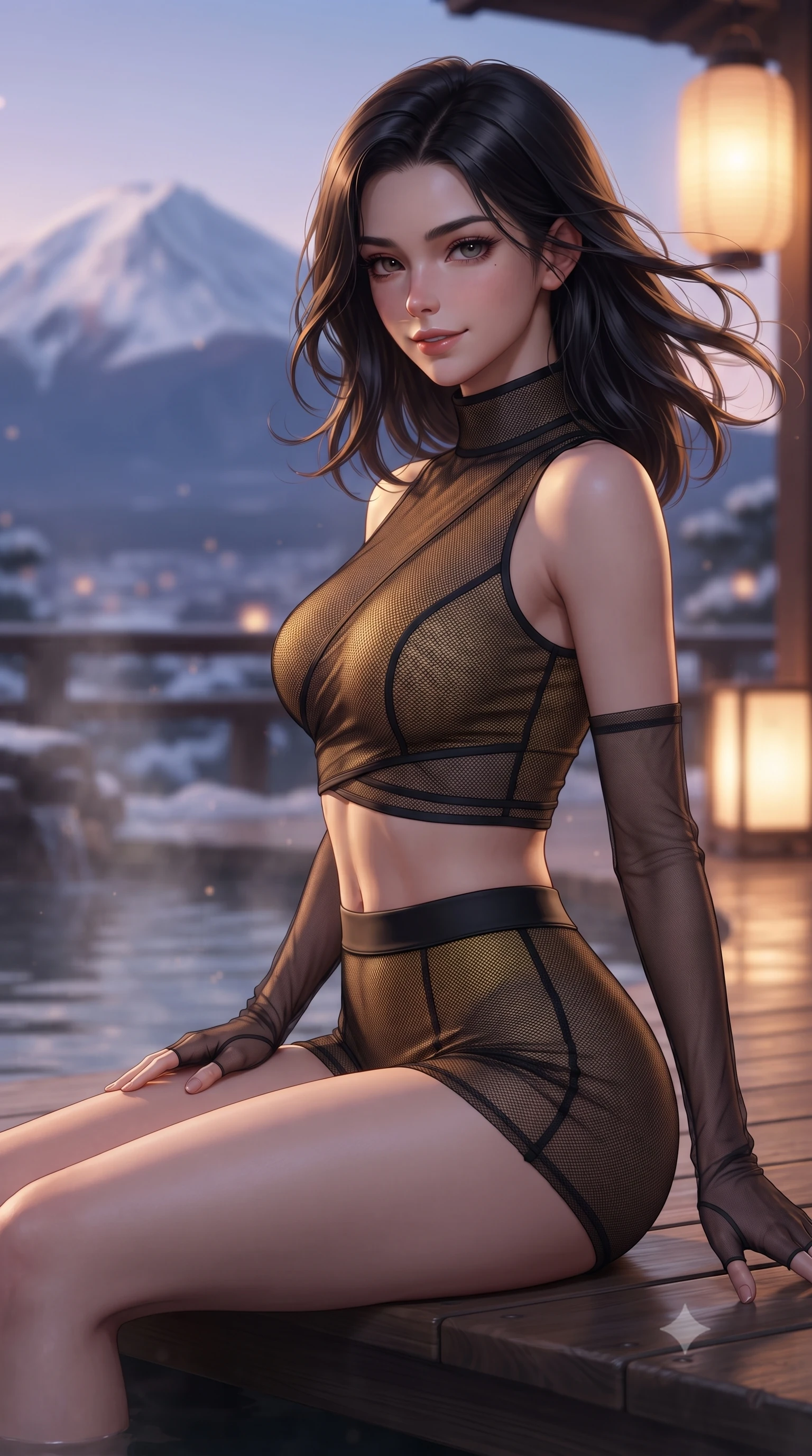 score_9, masterpiece, best quality, ultra-detailed, high-budget anime keyframe, editorial fashion photography, tasteful artistic composition, Caucasian woman. close-up cowboy shot from the waist and thighs up, the character dominates the composition, filling the frame with her large presence. turning slowly with a smoldering smile, her glossy dark hair tossing in the evening breeze as her hips angle gracefully in a captivating contrapposto while sitting gracefully on the heated wooden deck with legs dipping in the hot spring, her sleek loungewear radiating cozy sensual warmth. The background shows a soft-focus the iconic symmetrical snow cone of Mount Fuji and twilight purple alpine sky blurred into indigo, rose-gold, and frosty white bokeh. She has an exceptionally elegant, slender, and willowy female figure with an ultra-slim waist, flat toned midriff, narrow ribcage, and sculpted feminine hips creating an alluring, slim hourglass silhouette without bulk. sharp v-shaped jawline, high-bridge nose, intricate jewel-like dark sparkling almond eyes with depth, thick lashes, glossy parted lips with a natural rose-plum sheen, bright alluring and coquettish smile with bedroom-eyes, exuding both timeless oriental elegance and sovereign high-fashion allure, flawlessly proportioned anatomical accuracy, strict slender model proportions, natural body alignment, perfectly sculpted long slender limbs, ultra-slim waistline, clean dynamic posture without body distortion. wearing a modern tailored martial-arts-inspired wrap crop top paired with skin-tight high-cut combat shorts and silk sashes in antique saffron gold and ebony black, made of sheer technical micro-mesh with contouring shadow effects, complemented by delicate sheer silk fingerless gloves reaching past her elbows, the liquid-tight tailored silk fabric clinging flawlessly to her narrow waist and rounded feminine hips, emphasizing every millimeter of her sculpted slim hourglass curves without any bulky heaviness. bathed in soft alpine twilight and warm glowing paper lantern light. ultra-reflective glossy finish, specular highlights, rich textural contrasts, high-contrast stereoscopic depth, volumetric dynamic lighting, 2k, ultra detail, master piece, 9:16 ratio