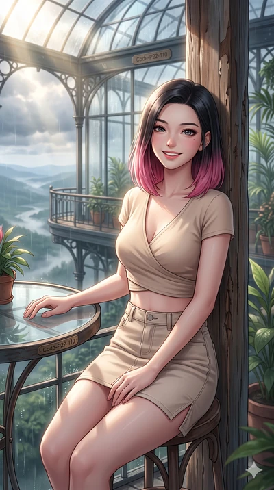 score_9, masterpiece, best quality, ultra-detailed, high-budget anime keyframe, vibrant anime aesthetic, Korean woman. close-up cowboy shot from the waist and thighs up, the character dominates the composition, filling the frame with her large presen