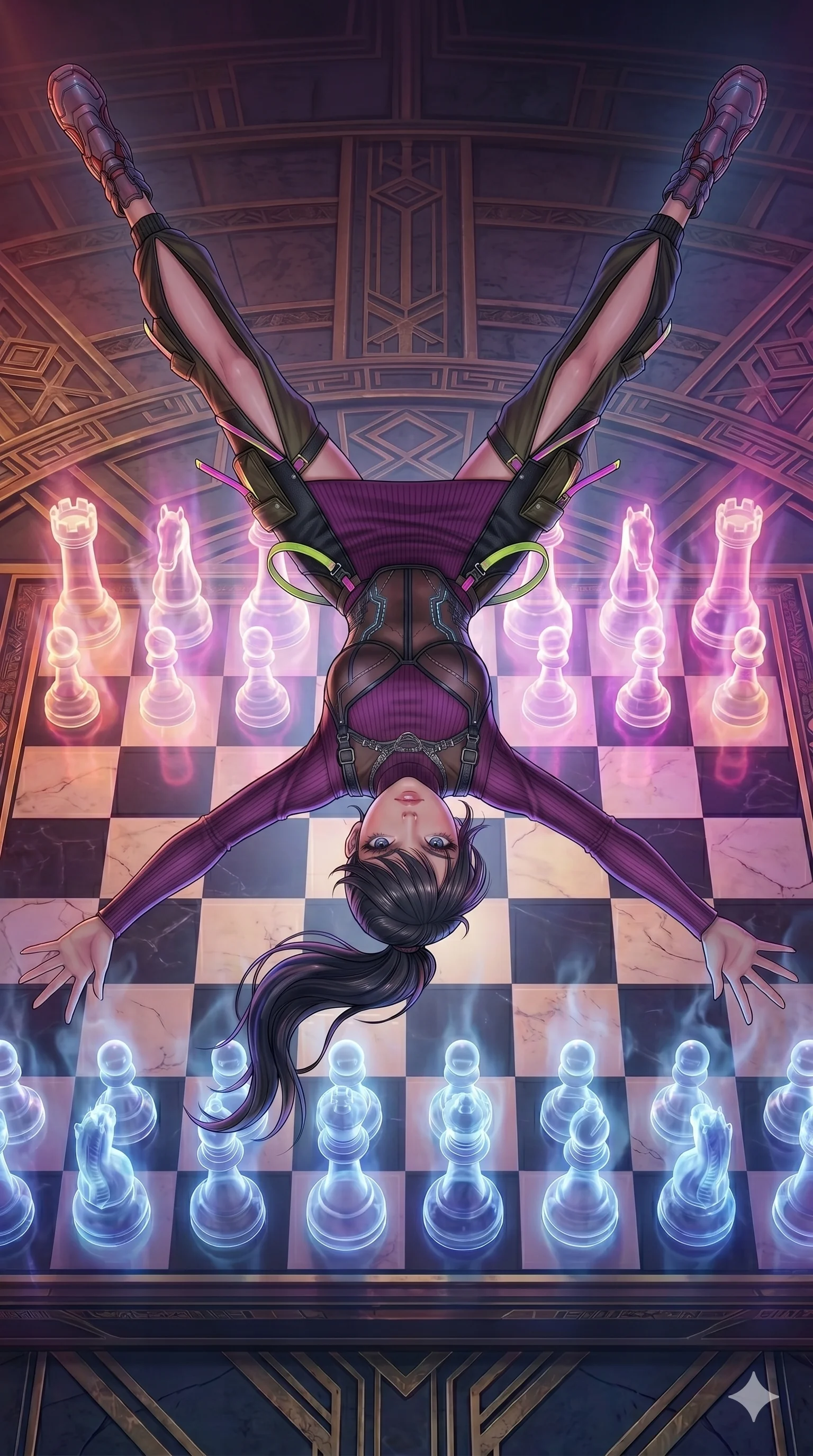 score_9, masterpiece, best quality, ultra-detailed, photorealistic 8k CG, hyper-detailed textures, ray-tracing, Japanese woman. Extreme high angle shot as she leaps towards the camera, filling the frame. summoning a phantom army of chess pieces on a giant board. She has an absolutely perfect 8-heads proportion, an exceptionally tall and slender female figure with an ultra-slim waist and impossibly long slender legs. strictly human anatomy, two legs only, no extra limbs, clearly defined legs and arms, perfect anatomy, perfect hands and fingers. sharp v-shaped jawline, high-bridge nose, intricate jewel-like eyes, thick eyelashes, glossy lips. Wearing Urban Trendsetter: Ribbed bodycon dress, crop top with high-waist denim, and sheer corset with cargo pants. The scene is illuminated by dramatic atmospheric lighting and vibrant color palettes. , 2k, ultra detail, master piece, 9:16 ratio