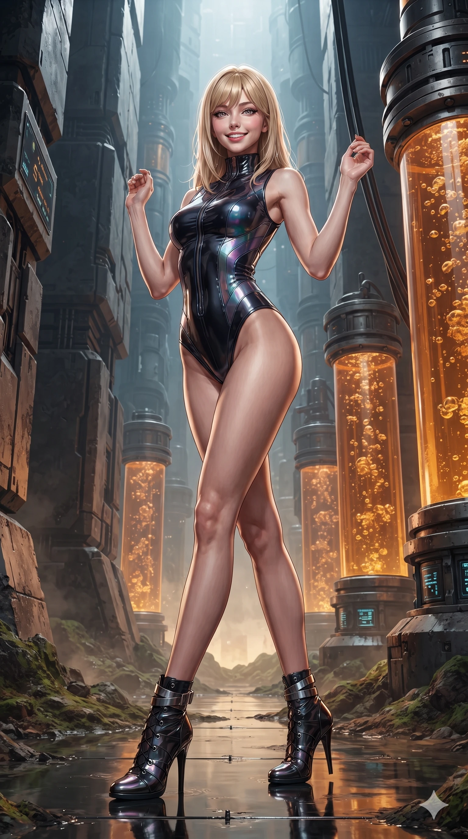 score_9, masterpiece, best quality, ultra-detailed, high-budget anime keyframe, editorial fashion photography, tasteful artistic composition, Japanese woman. low angle full-body shot from head to toe showing her feet, filling the entire 9:16 vertical frame with her statuesque presence, stretching her vertical silhouette. standing poised between colossal monoliths rising from alien ground, arching her back with sovereign ancient-future grace while standing poised between towering cylindrical coolant columns filled with bubbling amber liquid, arching her lower back with magnetic supermodel poise. The surrounding environment is rendered in vivid detail and crisp panoramic clarity: sharp glass tube wall reflections, precision flow meter digital readouts, and heavy steel flange bolts in deep focus. She has an absolutely perfect, statuesque 8.5-heads proportion, an exceptionally tall and slender model-like female figure with impossibly long slender legs, an ultra-slim waist, a flat toned midriff, narrow delicate ribcage, and beautifully sculpted feminine hips creating a graceful, slim hourglass silhouette without any bulky heaviness. sharp v-shaped jawline, high-bridge nose, intricate jewel-like sparkling eyes with depth, thick eyelashes, glossy parted lips with a natural sheen, bright confident smile with an enchanting and coquettish sensual glint, exuding both youthful magnetic charm and sovereign high-tech allure, flawlessly proportioned anatomical accuracy, strict slender model proportions, natural body alignment, perfectly sculpted long slender limbs, ultra-slim waistline, clean dynamic posture without body distortion. wearing a sleeveless high-collar cyber pilot suit in liquid-look obsidian jersey with strategic sheer ventilation panels in iridescent dark chrome and holographic violet, tailored from ultra-reflective glossy liquid vinyl with mirror-like specular highlights, complemented by strappy stiletto combat boots with metallic ankle wraps accentuating her slender calves, the bespoke structured tailoring following the natural line of her 8.5-heads silhouette with refined elegance. illuminated by floor puddle reflections and sharp amber-white rim lights carving her sculpted collarbones, ultra-slim waist, and curvy hips. ultra-reflective glossy finish, specular highlights, rich textural contrasts, high-contrast stereoscopic depth, volumetric dynamic lighting, 2k, ultra detail, master piece, 9:16 ratio