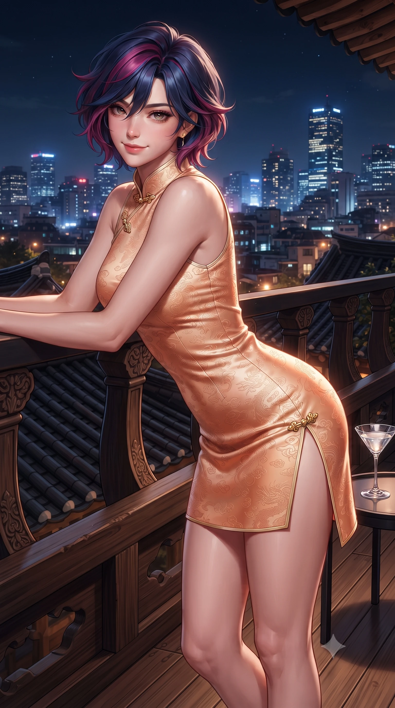 score_9, masterpiece, best quality, ultra-detailed, high-budget anime keyframe, editorial fashion photography, tasteful artistic composition, Korean woman. close-up cowboy shot from the waist and thighs up, the character dominates the composition, filling the frame with her large presence. leaning forward over the carved veranda balustrade while arching her lower back to accentuate her curvy hips, looking into the camera with an enchanting coquettish smile and bedroom-eyes while leaning against the minimalist black steel balustrade with hips cocked back, casting an intoxicating bedroom-gaze over the illuminated Seoul metropolis. The surrounding environment is rendered in vivid detail and crisp panoramic clarity: sharp traditional clay roof tile patterns, timber floorboard grain, and crystal cocktail glass clarity in deep focus. She has an exceptionally elegant, slender, and willowy female figure with an ultra-slim waist, flat toned midriff, narrow ribcage, and sculpted feminine hips creating an alluring, slim hourglass silhouette without bulk. sharp v-shaped jawline, high-bridge nose, intricate jewel-like dark sparkling almond eyes with depth, thick lashes, glossy parted lips with a natural rose-plum sheen, bright alluring and coquettish smile with bedroom-eyes, exuding both timeless oriental elegance and sovereign high-fashion allure, flawlessly proportioned anatomical accuracy, strict slender model proportions, natural body alignment, perfectly sculpted long slender limbs, ultra-slim waistline, clean dynamic posture without body distortion. wearing a form-contouring sleeveless turtleneck mini dress in liquid silk satin with subtle side hip ties and high slits in warm peach apricot and soft vanilla silk, made of rich jacquard silk with intricate embossed dragon and cloud motifs, accented with intricate gold frog buttons and a delicate mandarin collar, the form-fitting tailored bodice adhering flawlessly to her sculpted flat midriff and slender torso, emphasizing her long leg lines and perfectly proportioned willowy build. illuminated by city skyline bokeh bounce and sharp champagne rim lighting sculpting her razor-sharp jawline, narrow waist, and curvy hips. ultra-reflective glossy finish, specular highlights, rich textural contrasts, high-contrast stereoscopic depth, volumetric dynamic lighting, 2k, ultra detail, master piece, 9:16 ratio