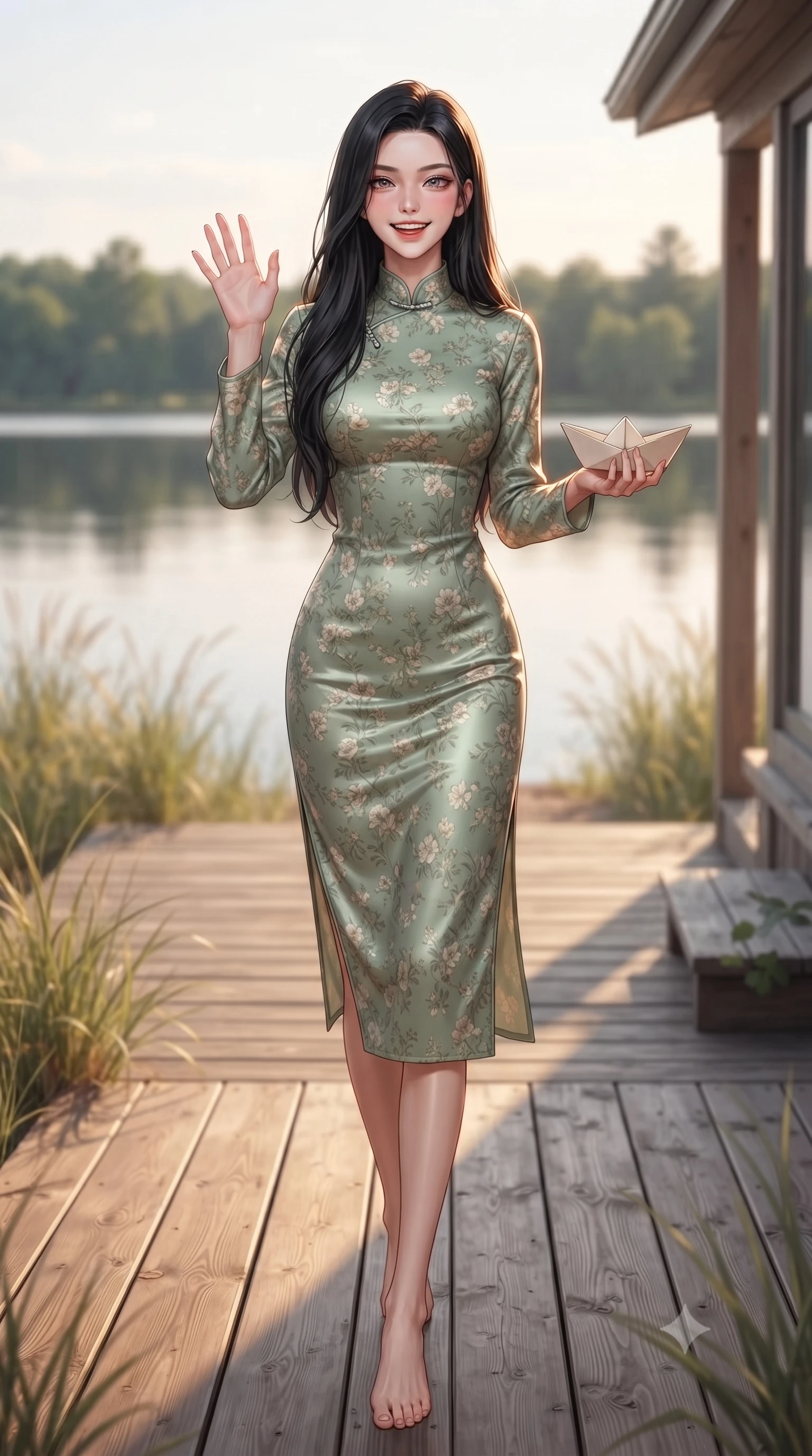 score_9, masterpiece, best quality, ultra-detailed, high-budget anime keyframe, editorial fashion photography, tasteful artistic composition, Korean woman. low angle full-body shot from head to toe showing her feet, filling the entire 9:16 vertical frame with her statuesque presence, stretching her vertical silhouette. stepping forward with a bright, cheerful smile, waving happily at the viewer set against a soft-focus background of on a wooden deck of a lakeside cottage surrounded by beachgrass holding a small paper boat with a delighted smile, ready to float it. She has an absolutely perfect, statuesque 8.5-heads proportion, an exceptionally tall and slender model-like female figure with impossibly long slender legs and an ultra-slim waist. sharp v-shaped jawline, high-bridge nose, intricate jewel-like eyes with depth, thick eyelashes, glossy lips with a natural sheen. wearing slim-fit lovely floral print midi dress in sage green, featuring a high collar and long sleeves. volumetric sunset rays casting long warm highlights on her active form. ultra-reflective glossy finish, specular highlights, metallic sheen, high-contrast stereoscopic depth, volumetric dynamic lighting, 2k, ultra detail, master piece, 9:16 ratio