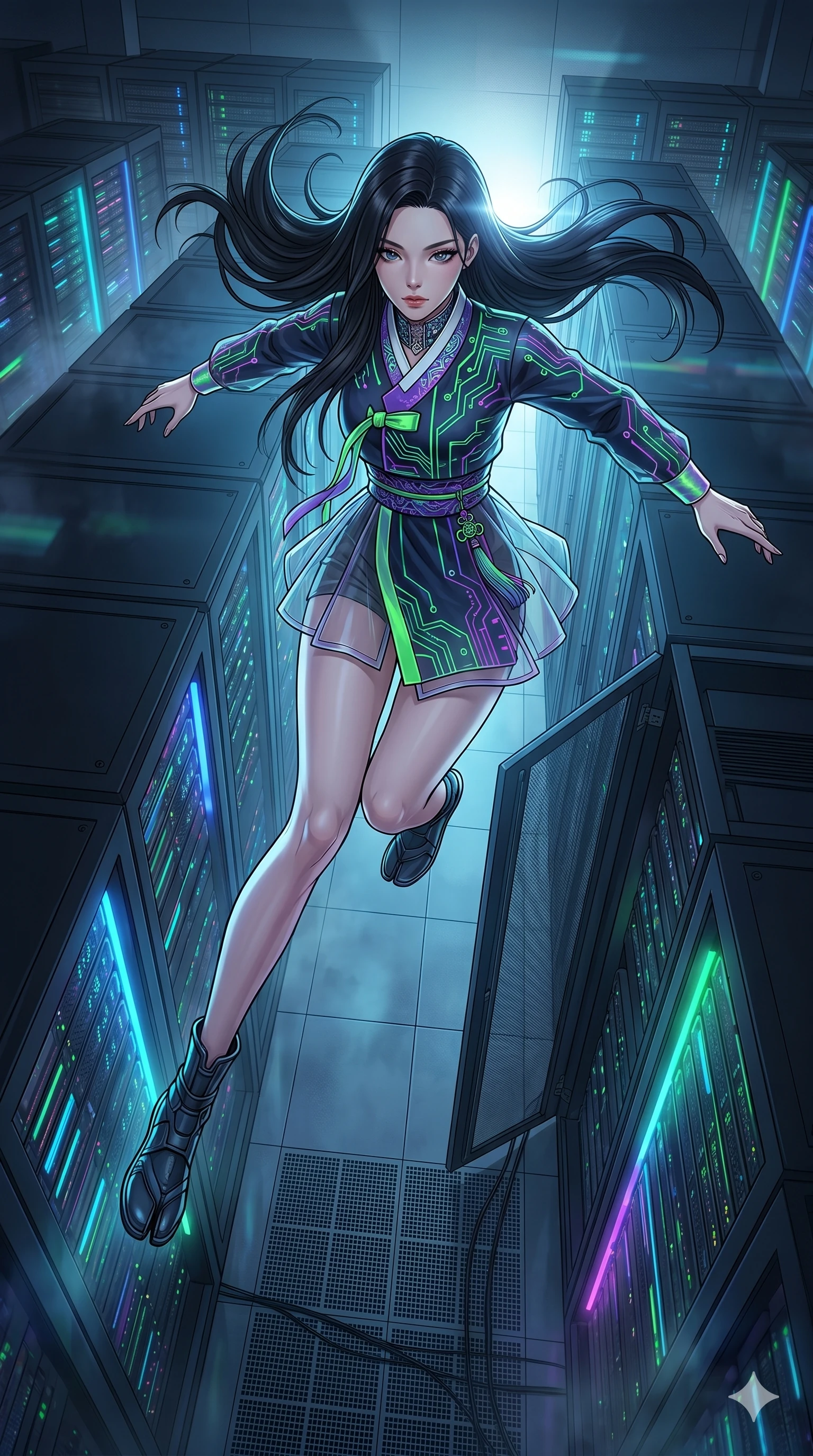 score_9, masterpiece, best quality, ultra-detailed, high-budget anime movie keyframe, cinematic anime lighting, intricate line art, Japanese woman. Extreme high angle shot as she leaps towards the camera, filling the frame. navigating a maze of server racks in a cold, dark data center. She has an absolutely perfect 8-heads proportion, an exceptionally tall and slender female figure with an ultra-slim waist and impossibly long slender legs. strictly human anatomy, two legs only, no extra limbs, clearly defined legs and arms, perfect anatomy, perfect hands and fingers. sharp v-shaped jawline, high-bridge nose, intricate jewel-like eyes, thick eyelashes, glossy lips. Wearing Modern Traditional: Shortened cyber-hanbok with fusion silk robes and transparent panels. The scene is illuminated by dramatic atmospheric lighting and vibrant color palettes. , 2k, ultra detail, master piece, 9:16 ratio
