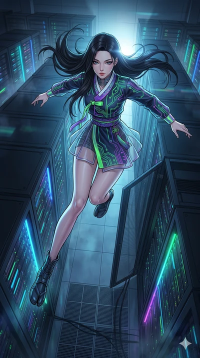 score_9, masterpiece, best quality, ultra-detailed, high-budget anime movie keyframe, cinematic anime lighting, intricate line art, Japanese woman. Extreme high angle shot as she leaps towards the camera, filling the frame. navigating a maze of serve