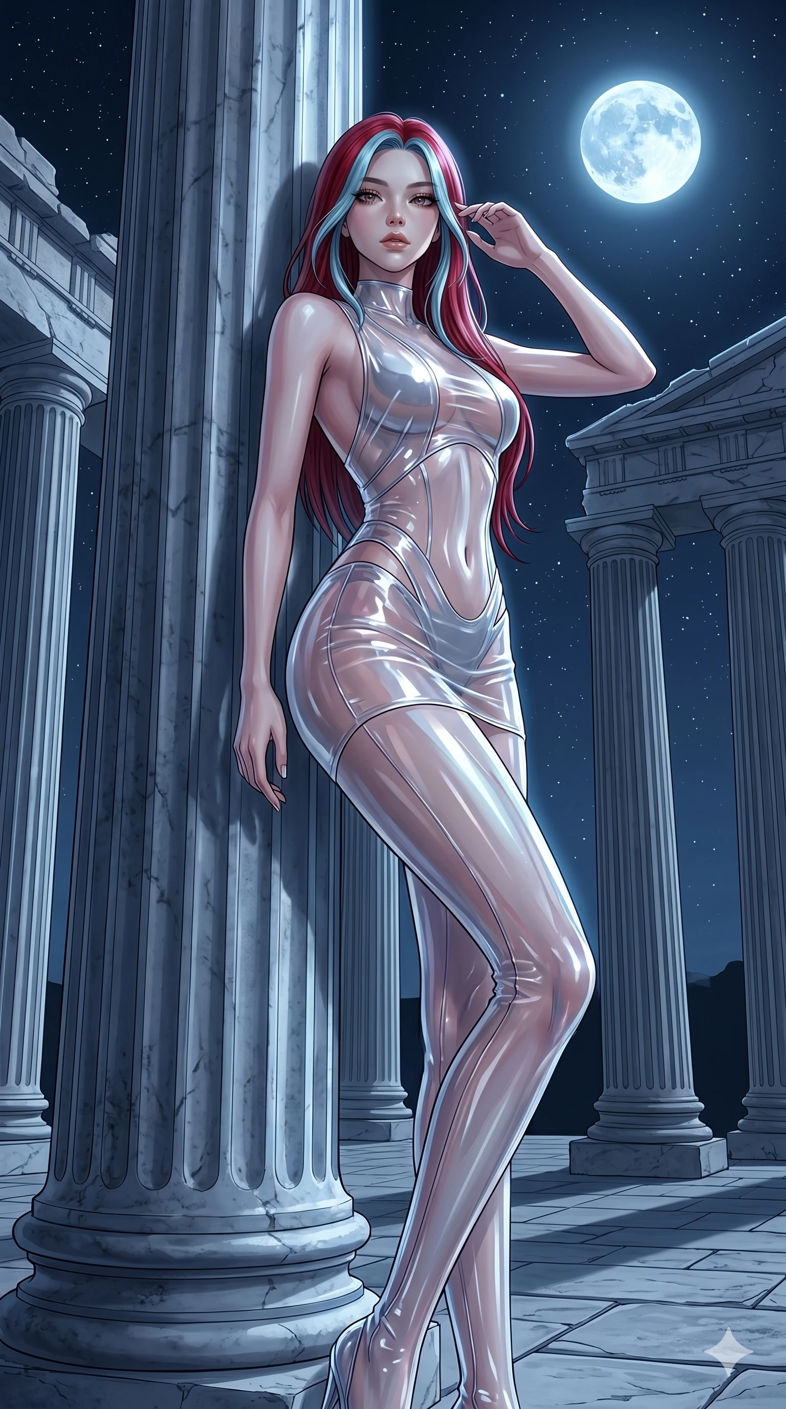 score_9, masterpiece, best quality, ultra-detailed, High-budget Anime Keyframe, East Asian woman. Low angle cowboy shot filling the entire 9:16 frame with her statuesque presence. Scenario 83: Leaning against a cold marble pillar in a moonlit greek temple. Her presence is magnetic and overpowering in this high-budget anime scene. Outfit 83: A translucent PVC liquid with a backless design and tight-fitting silhouette. The clothing is designed to emphasize her exceptionally tall and slender 8-heads proportion. 8-heads proportion, towering silhouette, ultra-slim waist. sharp v-shaped jawline, intricate jewel-like eyes with depth, thick eyelashes, glossy lips. 2k, ultra detail, master piece, 9:16 ratio