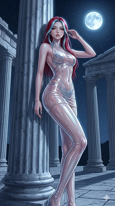 score_9, masterpiece, best quality, ultra-detailed, High-budget Anime Keyframe, East Asian woman. Low angle cowboy shot filling the entire 9:16 frame with her statuesque presence. Scenario 83: Leaning against a cold marble pillar in a moonlit greek t