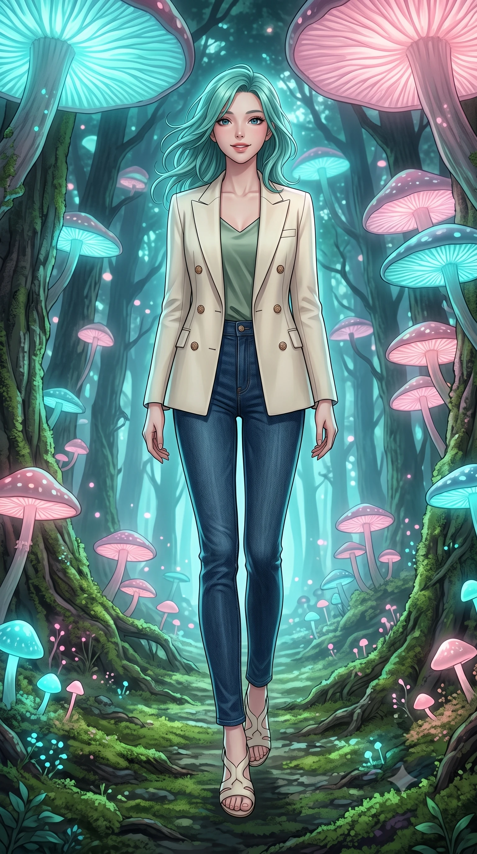 score_9, masterpiece, best quality, ultra-detailed, high-budget anime keyframe, editorial fashion photography, tasteful artistic composition, Japanese woman. low angle full-body shot from head to toe showing her feet, filling the entire 9:16 vertical frame with her statuesque presence, stretching her vertical silhouette. floating with a serene, happy lightness within walking along a mossy path in an ancient forest under a canopy of giant bioluminescent glowing mushrooms that emit soft cyan and pink light. She has a statuesque 8.5-heads proportion, an exceptionally tall, slender and willowy model-like build with impossibly long legs and a highly sculpted ultra-slim waist. sharp v-shaped jawline, high-bridge nose, intricate jewel-like eyes with depth, thick eyelashes, glossy lips with a natural sheen. wearing a tailored cream double-breasted blazer over a sage green silk top, paired with raw dark blue denim. cool cyan and soft pink lights from the mushrooms, wrapping the forest floor in a magical glowing ambiance. 2k, ultra detail, master piece, 9:16 ratio