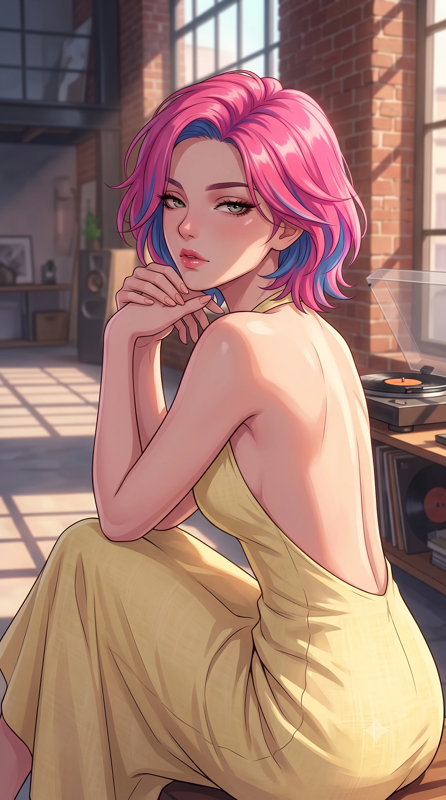 score_9, masterpiece, best quality, ultra-detailed, high-budget anime keyframe, tasteful artistic composition, Caucasian woman. close-up cowboy shot from the waist and thighs up, the character dominates the composition, filling the frame with her large presence, background elements kept in soft focus. resting her chin on the backs of her fingers, casting a heavy-lidded, sultry look past the camera the background shows a soft-focus a modern loft studio apartment with high ceilings and a record player spinning a vinyl. She has an exceptionally elegant, slender, and willowy female figure with an ultra-slim waist, a gracefully sculpted slender torso, and a refined silhouette. sharp v-shaped jawline, high-bridge nose, intricate jewel-like eyes with depth, thick eyelashes, glossy lips with a natural sheen. wearing a tailored backless summer sundress in pale yellow linen, showing her elegant shoulder blades. warm evening sunlight casting long geometric shadow lines across the floor. highly saturated vibrant anime colors, cel-shading, 2d style, master piece, 9:16 ratio