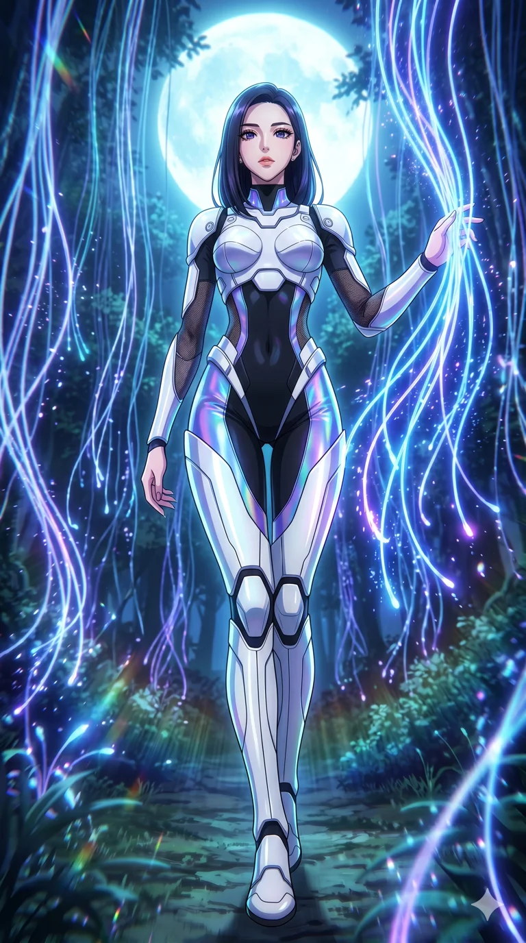 score_9, masterpiece, best quality, ultra-detailed, High-budget Anime Keyframe, vibrant colors, fluid line-art, expressive lighting, cinematic composition, Ufotable-style visual effects, top-tier animation quality, Korean woman with idol-like refined features. Dynamic full-body shot stretching the vertical silhouette, capturing her from a powerful low-angle perspective. Walking through a forest of fiber-optic vines that react to her touch by glowing brighter. She has an absolutely perfect 8-heads proportion, an exceptionally tall and slender female figure with impossibly long slender legs and an ultra-slim waist, her statuesque height and towering silhouette dominating the vertical 9:16 frame. Her face is a masterpiece featuring a sharp v-shaped jawline, high-bridge nose, intricate jewel-like eyes with depth, thick eyelashes, and glossy lips with a natural sheen. She is wearing a White chrome-plated armor plating over a black plugsuit, featuring holographic fabric that shifts colors based on light and peek-a-boo mesh.. The scene is set in a mystical grove under a giant glowing moon that illuminates the fiber-optic flora. 2k, ultra detail, master piece, 9:16 ratio