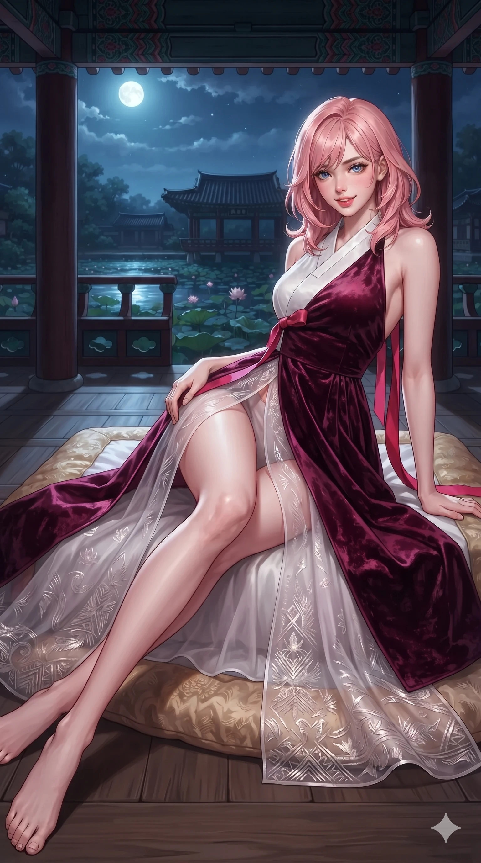 score_9, masterpiece, best quality, ultra-detailed, high-budget anime keyframe, editorial fashion photography, tasteful artistic composition, Japanese woman. low angle full-body shot from head to toe showing her feet, filling the entire 9:16 vertical frame with her statuesque presence, stretching her vertical silhouette. reclining gracefully across the plush chaise lounge with one leg extended, her sculpted silhouette and flat midriff radiating magnetic nocturnal glamour while lounging languidly on an antique silk floor cushion propped on one elbow, her flat midriff and long slender legs commanding the moonlit pavilion vista. The surrounding environment is rendered in vivid detail and crisp panoramic clarity: detailed backless silk halter leotard tailoring, sheer wrap overskirt drape, and traditional Korean pavilion joinery in razor-sharp precision. She has an absolutely perfect, statuesque 8.5-heads proportion, an exceptionally tall and slender model-like female figure with impossibly long slender legs, an ultra-slim waist, a flat toned midriff, narrow delicate ribcage, and beautifully sculpted feminine hips creating a graceful, slim hourglass silhouette without any bulky heaviness. sharp v-shaped jawline, high-bridge nose, sparkling eyes with hypnotic seductive depth, thick curled eyelashes, glossy parted lips with a natural dewy peach sheen, alluring bedroom-eyes with an enchanting coquettish smile, exuding magnetic siren charisma and sophisticated glamour, flawlessly proportioned anatomical accuracy, strict slender model proportions, natural body alignment, perfectly sculpted long slender limbs, ultra-slim waistline, clean dynamic posture without body distortion. wearing a structured minimalist hanbok wrap coat dress with clean geometric lines and a wide formal sash in pure snow white and vivid cherry blossom crimson, tailored from crushed dark velvet with deep light-absorbing plush texture, finished with long silk ribbon ties fluttering down her bare spine from a backless halter, the impeccably tailored cut draping gracefully along her slender figure with aristocratic eastern poise. illuminated by pond surface moonbeam bounce and sharp platinum rim lights sculpting her razor-sharp jawline, narrow waist, and curvy hips. ultra-reflective glossy finish, specular highlights, rich textural contrasts, high-contrast stereoscopic depth, volumetric dynamic lighting, 2k, ultra detail, master piece, 9:16 ratio