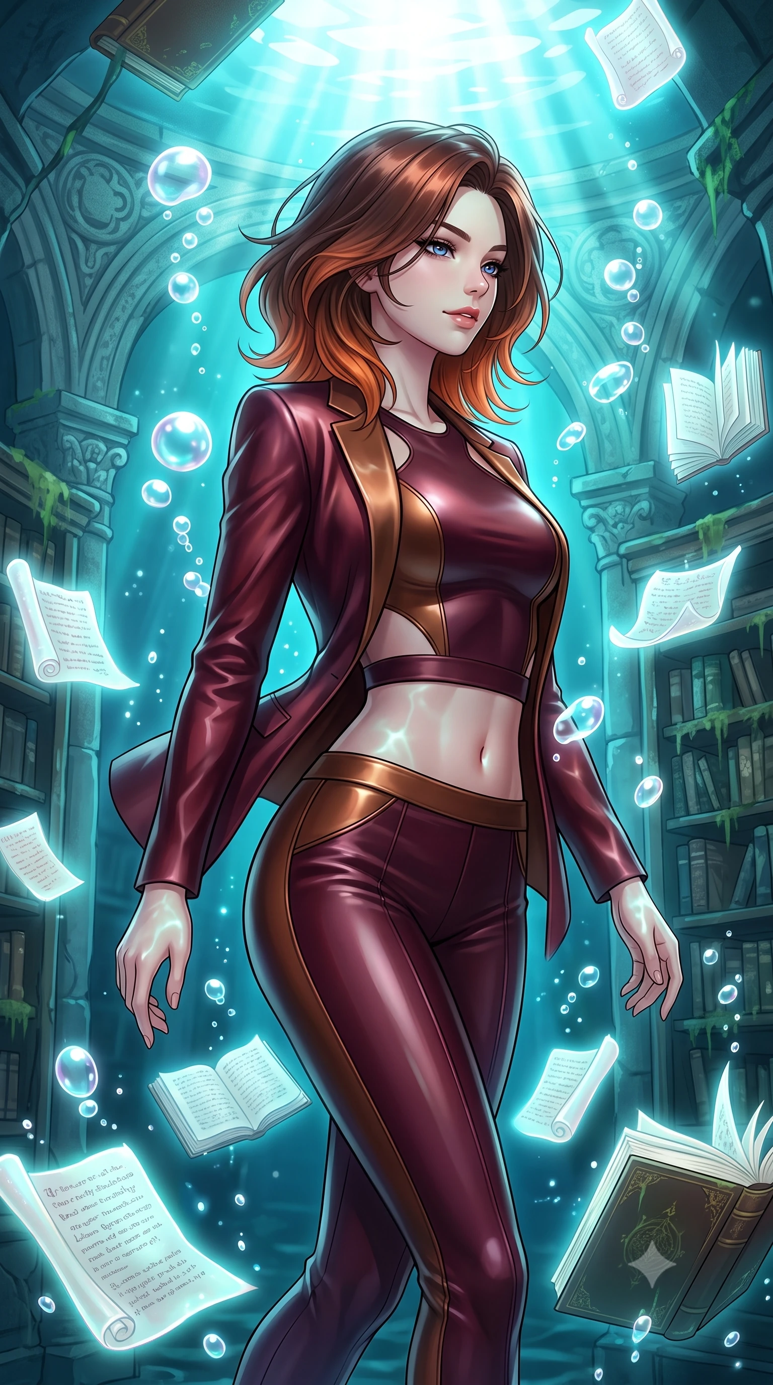 score_9, masterpiece, best quality, ultra-detailed, high-budget anime keyframe, editorial fashion photography, tasteful artistic composition, Korean woman. close-up cowboy shot from the waist and thighs up, the character dominates the composition, filling the frame with her large presence, background elements kept in soft focus. Glancing sidelong over her shoulder with a smoldering half-smile and heavy lashes navigating a submerged ancient library surrounded by floating glowing scrolls, rising bioluminescent bubbles casting soft pearl-like highlights. She has an exceptionally elegant, slender, and willowy female figure with an ultra-slim waist, a gracefully sculpted slender torso, and a refined silhouette. sharp v-shaped jawline, high-bridge nose, intricate jewel-like eyes with depth, thick eyelashes, glossy lips with a natural sheen. wearing a tailored silk blazer over a form-contouring top and fitted slacks in deep burgundy and bronze, formed from sleek second-skin neoprene, featuring subtle geometric cutouts that highlight her ultra-slim midriff, the form-contouring material highlighting her ultra-slim waist and long lines. bathed in brilliant underwater sunbeams and soft turquoise caustic glow. highly saturated vibrant anime colors, detailed shading with soft gradients, rich glossy textures, high-contrast stereoscopic depth, volumetric dynamic lighting, master piece, 9:16 ratio