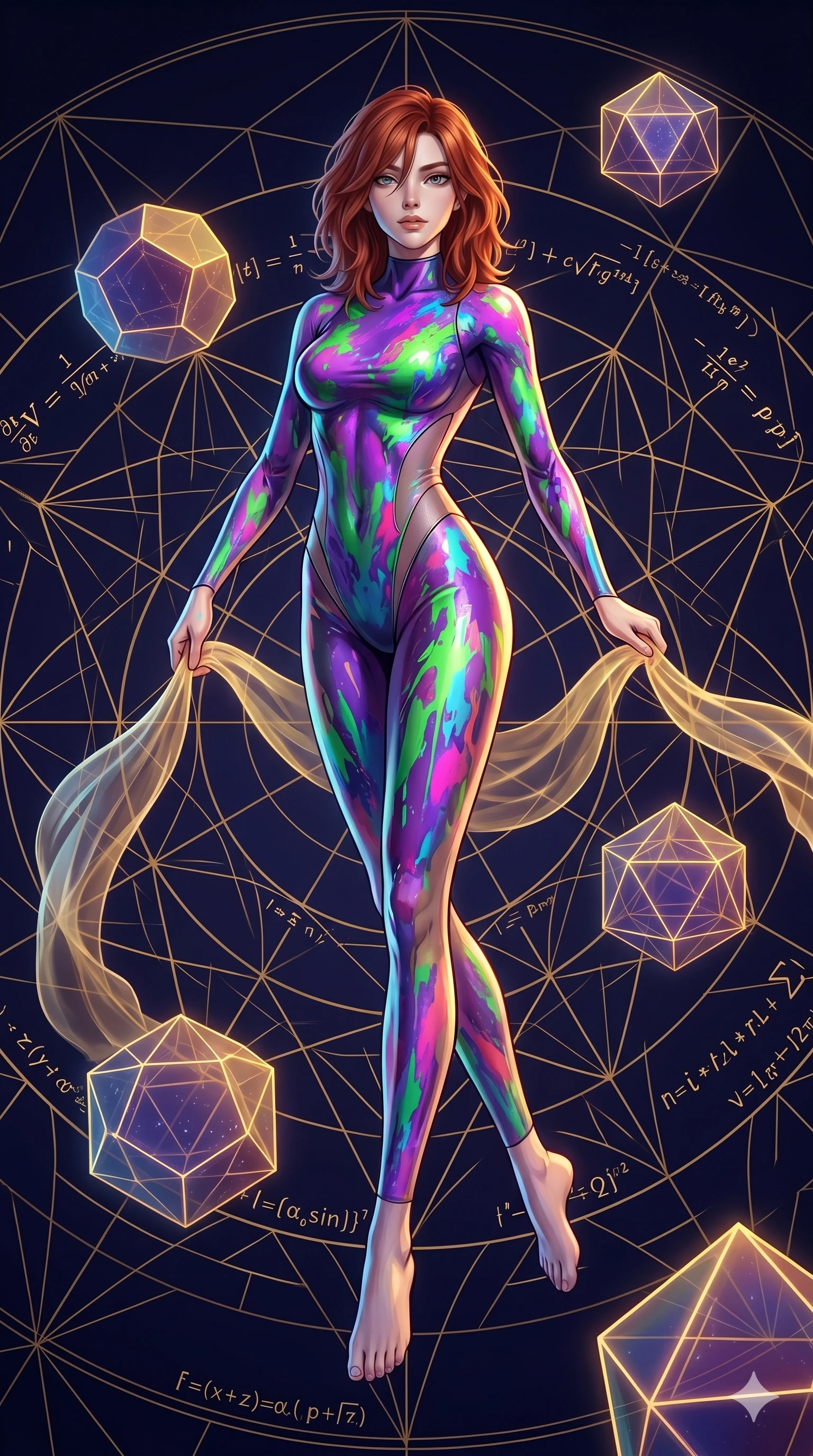 score_9, masterpiece, best quality, ultra-detailed, high-budget anime keyframe, Caucasian woman, strictly human ears. low angle full-body shot filling the entire 9:16 frame with her statuesque presence, stretching the vertical silhouette. floating gracefully in a mathematical mandala void filled with golden geometric lines of complex formulas, holding a translucent ribbon as she glides between floating regular polyhedrons. She has an absolutely perfect 8-heads proportion, an exceptionally tall and slender female figure with impossibly long slender legs and an ultra-slim waist. V-shaped jawline, high-bridge nose, intricate jewel-like eyes with depth, thick eyelashes, glossy lips with a natural sheen.. wearing a liquid acrylic splash bodysuit, featuring a skin-tight bodysuit that looks like vivid fluorescent acrylic paint splattered and dried, with sheer mesh side panels. accented by dynamic color-blocked lighting with high-contrast shadows emphasizing her statuesque height. 2k, ultra detail, master piece, 9:16 ratio