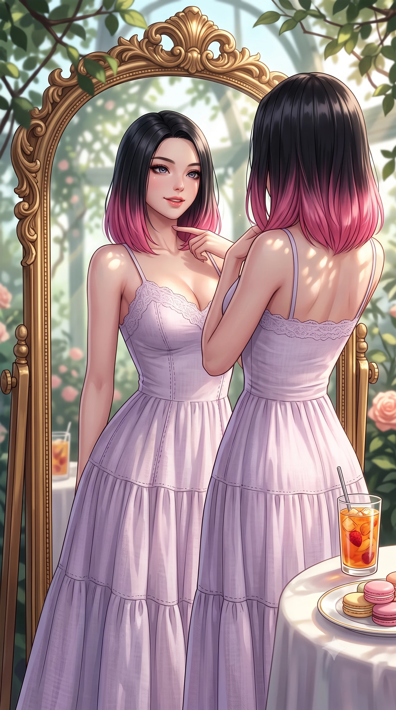 score_9, masterpiece, best quality, ultra-detailed, high-budget anime keyframe, editorial fashion photography, tasteful artistic composition, Korean woman. close-up cowboy shot from the waist and thighs up, the character dominates the composition, filling the frame with her large presence, background elements kept in soft focus. gazing into a gilded mirror reflection with a confident, sensual smile, tracing her neck contour set against a soft-focus background of inside an exclusive rose conservatory with a glass of iced fruit tea and delicate macaron pastries arranged on the table. She has an exceptionally elegant, slender, and willowy female figure with an ultra-slim waist, a gracefully sculpted slender torso, and a refined silhouette. sharp v-shaped jawline, high-bridge nose, intricate jewel-like eyes with depth, thick eyelashes, glossy lips with a natural sheen. wearing form-contouring pale lavender delicate lace flowy linen sundress with a comfortable tiered skirt silhouette featuring refined tailored seams. highlighted by dappled sunlight filtering through leafy branches, creating soft organic patterns. highly saturated vibrant anime colors, detailed shading with soft gradients, rich glossy textures, high-contrast stereoscopic depth, volumetric dynamic lighting, master piece, 9:16 ratio