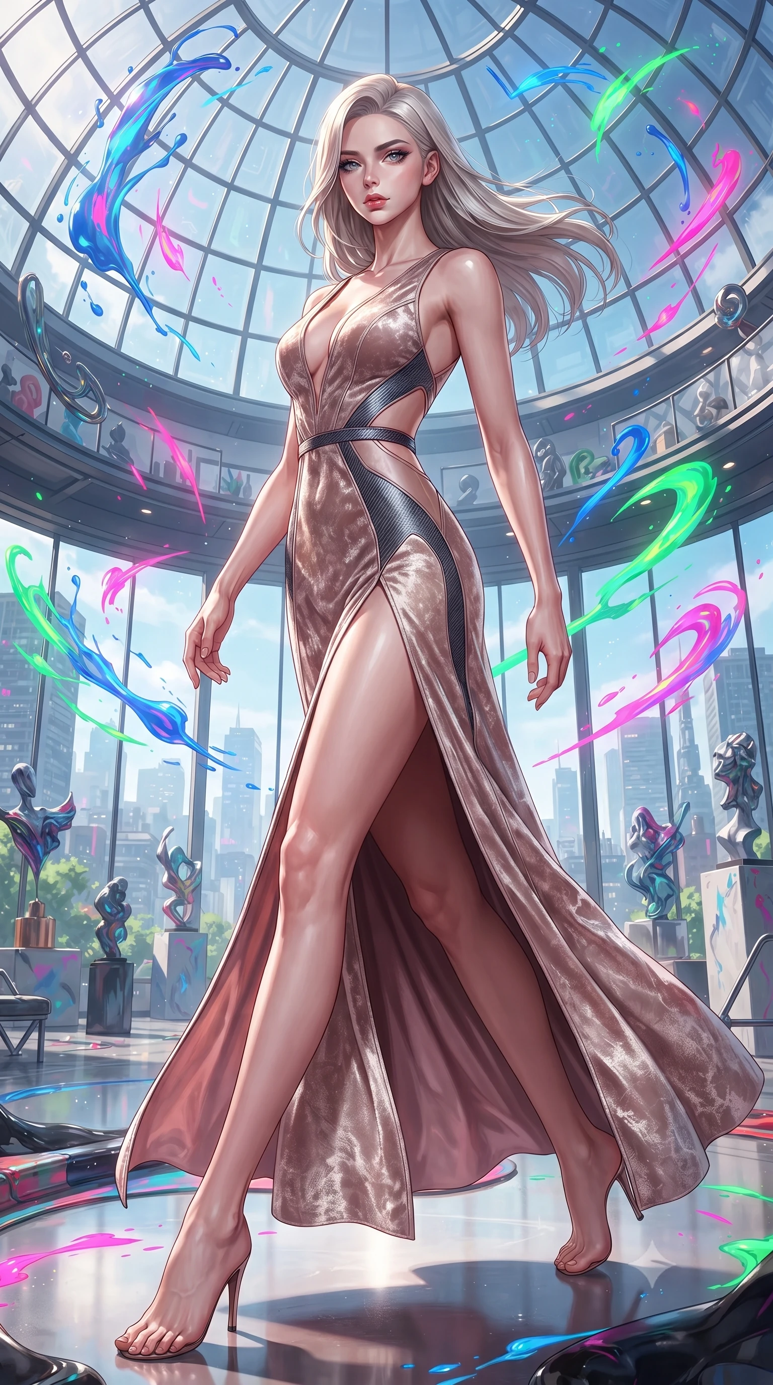 score_9, masterpiece, best quality, ultra-detailed, high-budget anime keyframe, editorial fashion photography, tasteful artistic composition, Caucasian woman. low angle full-body shot from head to toe showing her feet, filling the entire 9:16 vertical frame with her statuesque presence, stretching her vertical silhouette. forging dynamically through the scene, her vertical silhouette beautifully stretched standing inside a glass-domed art atelier filled with floating liquid paint swirls, glowing neon brushstrokes floating poetically around her silhouette. She has an absolutely perfect, statuesque 8.5-heads proportion, an exceptionally tall and slender model-like female figure with impossibly long slender legs and an ultra-slim waist. sharp v-shaped jawline, high-bridge nose, intricate jewel-like eyes with depth, thick eyelashes, glossy lips with a natural sheen. wearing a backless crushed velvet gown with a deep V-neckline and high thigh slit in dusty rose and champagne gold, made of fine carbon-fiber weave and soft matte leather, featuring subtle geometric cutouts that highlight her ultra-slim midriff, the tailored fabric tightly following every curve of her athletic build. bathed in high-contrast vibrant studio lighting with sharp specular highlights. ultra-reflective glossy finish, specular highlights, metallic sheen, high-contrast stereoscopic depth, volumetric dynamic lighting, 2k, ultra detail, master piece, 9:16 ratio