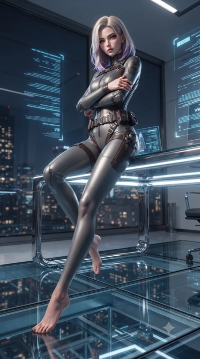 score_9, masterpiece, best quality, ultra-detailed, high-budget anime keyframe, editorial fashion photography, tasteful artistic composition, Caucasian woman. low angle full-body shot from head to toe showing her feet, filling the entire 9:16 vertica