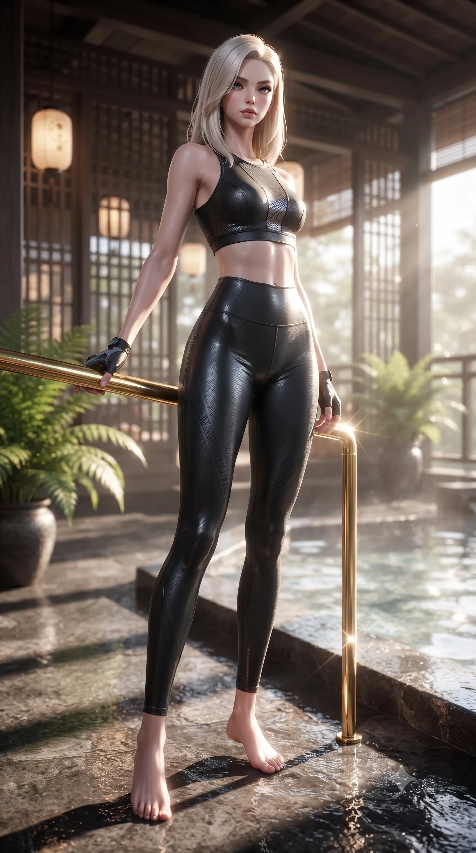 score_9, masterpiece, best quality, ultra-detailed, high-budget anime keyframe, editorial fashion photography, tasteful artistic composition, Caucasian woman. low angle full-body shot from head to toe showing her feet, filling the entire 9:16 vertical frame with her statuesque presence, stretching her vertical silhouette. standing in a tall, confident posture with one hand on a glowing metal railing, stretching her statuesque body, the background shows a soft-focus a bath house veranda decorated with potted ferns and paper lanterns. She has an absolutely perfect, statuesque 8.5-heads proportion, an exceptionally tall and slender model-like female figure with impossibly long slender legs and an ultra-slim waist. sharp v-shaped jawline, high-bridge nose, intricate jewel-like eyes with depth, thick eyelashes, glossy lips with a natural sheen. wearing a tailored form-fitting athletic crop top and matching high-waisted compression leggings in sleek carbon-black tech fabric. bright morning sun rays creating sparkling glints on the hot pool water. ultra-reflective glossy finish, specular highlights, metallic sheen, high-contrast stereoscopic depth, volumetric dynamic lighting, 2k, ultra detail, master piece, 9:16 ratio