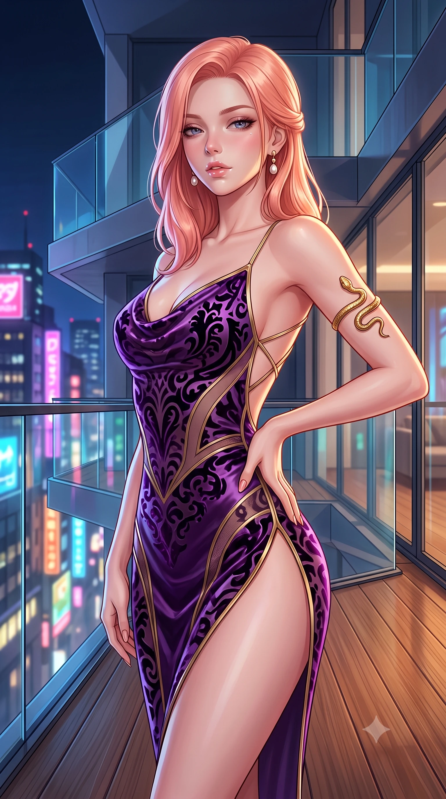 score_9, masterpiece, best quality, ultra-detailed, high-budget anime keyframe, semi-realistic 3D game render, editorial fashion photography, tasteful artistic composition, Japanese woman. close-up cowboy shot from the waist and thighs up, the character dominates the composition, filling the frame with her large presence. resting one manicured hand delicately on her hip bone, her upper body turning in a fluid, seductive S-curve while parted lips glisten in the light while pivoting gracefully on the polished balcony deck with hips shifted in a pronounced contrapposto stance, parted glossy lips reflecting city neon. The surrounding environment is rendered in vivid detail and crisp panoramic clarity. crystal-clear penthouse glass railings, modern teak wood decking, and sharp architectural angles in deep focus. She has an exceptionally elegant, slender, and willowy female figure with an ultra-slim waist, a gracefully sculpted slender torso, toned flat midriff, and rounded feminine hips creating an alluring hourglass silhouette. sharp v-shaped jawline, high-bridge nose, intricate jewel-like eyes with depth, thick eyelashes, glossy parted lips with a natural sheen, intensely captivating and seductive bedroom-eyes expression, flawlessly proportioned anatomical accuracy, strict slender model proportions, natural body alignment, perfectly sculpted long slender limbs, ultra-slim waistline, clean dynamic posture without body distortion. wearing a backless cowl-neck satin slip dress featuring high-cut side hip slits and delicate criss-cross back straps in imperial purple velvet and antique gold, made of sheer contouring mesh with velvet flocking patterns, accented with a sculptured gold serpent armlet and pearl drop earrings, the glove-like aerodynamic silhouette tightly following the natural contour of her hips and long slender legs with statuesque precision. illuminated by crisp directional edge lights sharply sculpting her slender waist and curvy feminine hips. highly saturated vibrant anime colors, detailed shading with soft gradients, rich glossy textures, high-contrast stereoscopic depth, volumetric dynamic lighting, master piece, 9:16 ratio