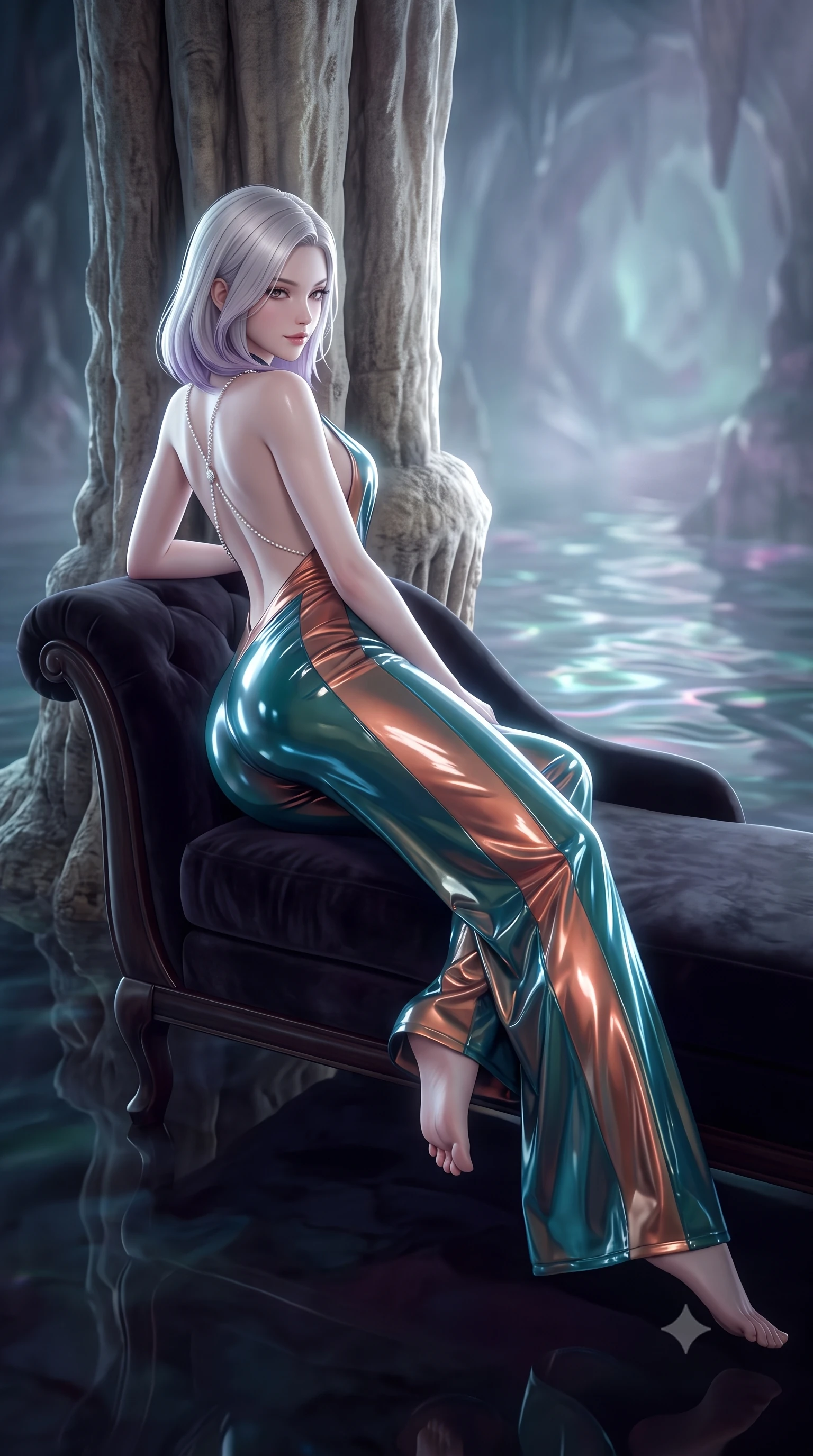 score_9, masterpiece, best quality, ultra-detailed, high-budget anime keyframe, semi-realistic 3D game render, editorial fashion photography, tasteful artistic composition, Caucasian woman. low angle full-body shot from head to toe showing her feet, filling the entire 9:16 vertical frame with her statuesque presence, stretching her vertical silhouette. reclining gracefully across the plush chaise lounge with one leg extended, her sculpted silhouette and flat midriff radiating magnetic nocturnal glamour while leaning against the ancient limestone stalactite column with hips cocked back, looking back through aquatic mist with an alluring, smoldering gaze. The background shows a soft-focus gentle cave water ripples softened in mystical aquatic shallow focus. She has an absolutely perfect, statuesque 8.5-heads proportion, an exceptionally tall and slender model-like female figure with impossibly long slender legs, an ultra-slim waist, a flat toned midriff, narrow delicate ribcage, and beautifully sculpted feminine hips creating a graceful, slim hourglass silhouette without any bulky heaviness. sharp v-shaped jawline, high-bridge nose, sparkling eyes with hypnotic seductive depth, thick curled eyelashes, glossy parted lips with a natural dewy peach sheen, alluring bedroom-eyes with an enchanting coquettish smile, exuding magnetic siren charisma and sophisticated glamour, flawlessly proportioned anatomical accuracy, strict slender model proportions, natural body alignment, perfectly sculpted long slender limbs, ultra-slim waistline, clean dynamic posture without body distortion. wearing a backless plunge-front silk satin jumpsuit with fluid wide-leg silhouette and side hip cutouts in Ubud rainforest teal and sunset copper, crafted from wet-look high-gloss vinyl fabric with dazzling specular surface reflections, accented with a pearl-drop body harness subtly framing her dewy collarbones and spine, the second-skin tailored fabric adhering flawlessly to her sculpted flat midriff and slender torso, emphasizing her long leg lines and perfectly proportioned willowy build. illuminated by subterranean water reflection bounce and sharp icy-platinum rim lights defining her delicate clavicles, narrow waist, and curvy hips. highly saturated vibrant anime colors, detailed shading with soft gradients, rich glossy textures, high-contrast stereoscopic depth, volumetric dynamic lighting, master piece, 9:16 ratio