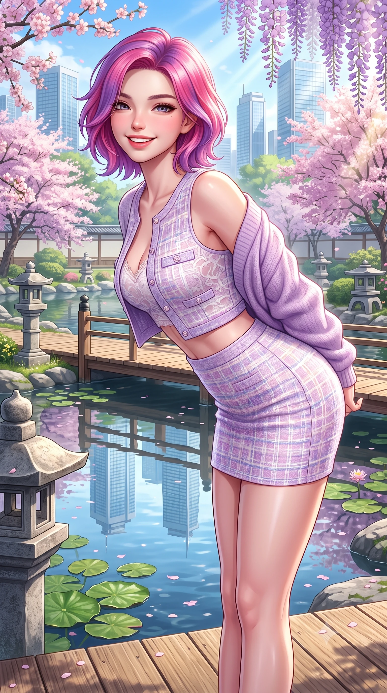score_9, masterpiece, best quality, ultra-detailed, high-budget anime keyframe, semi-realistic 3D game render, editorial fashion photography, tasteful artistic composition, Caucasian woman. close-up cowboy shot from the waist and thighs up, the character dominates the composition, filling the frame with her large presence. leaning forward with playful cute grace while arching her lower back to accentuate her curvy hips, looking into the camera with a bright cheerful smile and alluring coquettish bedroom-eyes while twisting her slender torso in an alluring S-curve as modern glass skyscrapers reflect in the serene traditional pond waters below. The surrounding environment is rendered in vivid detail and crisp panoramic clarity. sharp stone lantern textures, wooden footbridge plank grain, and lotus leaf water caustics in deep focus. She has an exceptionally elegant, slender, and willowy female figure with an ultra-slim waist, flat toned midriff, narrow ribcage, and sculpted feminine hips creating an alluring, slim hourglass silhouette without bulk. sharp v-shaped jawline, high-bridge nose, intricate jewel-like sparkling eyes with depth, thick eyelashes, glossy parted lips with a natural peach sheen, bright cheerful beaming smile with an enchanting and coquettish sensual glint, exuding both youthful cute charm and seductive allure, flawlessly proportioned anatomical accuracy, strict slender model proportions, natural body alignment, perfectly sculpted long slender limbs, ultra-slim waistline, clean dynamic posture without body distortion. wearing a cute pastel tweed two-piece set with a cropped jacket and ultra-fitted high-waisted mini skirt tracing her hips in delicate lavender violet and pearlescent white, made of sheer contouring stretch lace with delicate floral patterns, complemented by an oversized soft knit cardigan slipping off one bare shoulder, the glove-like silhouette tightly following the natural contour of her hips and long slender legs with youthful 8.5-heads elegance. bathed in bright morning spring sunlight scattering through blooming flower canopies. highly saturated vibrant anime colors, detailed shading with soft gradients, rich glossy textures, high-contrast stereoscopic depth, volumetric dynamic lighting, master piece, 9:16 ratio