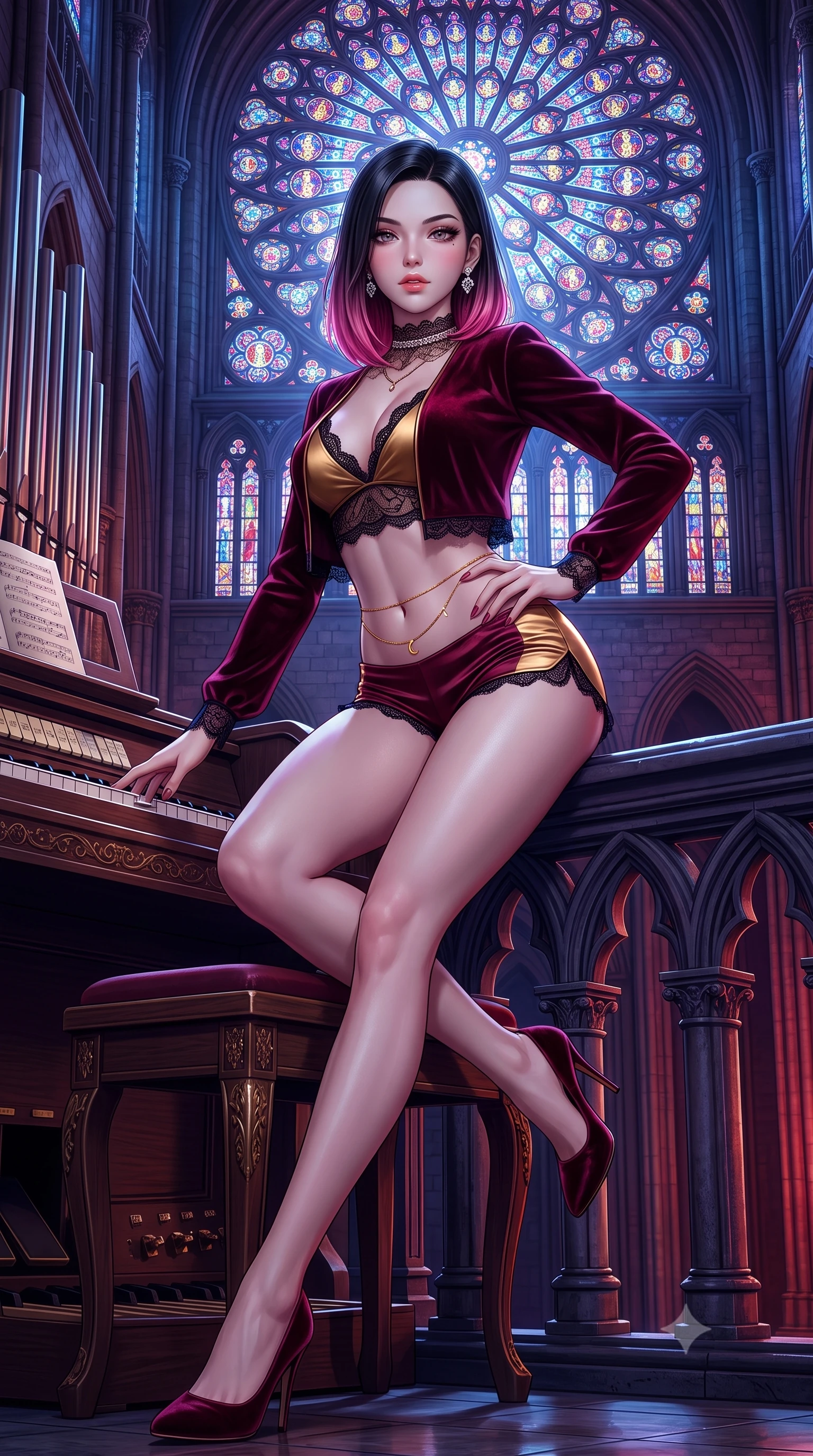 score_9, masterpiece, best quality, ultra-detailed, high-budget anime keyframe, semi-realistic 3D game render, editorial fashion photography, tasteful artistic composition, Korean woman. low angle full-body shot from head to toe showing her feet, filling the entire 9:16 vertical frame with her statuesque presence, stretching her vertical silhouette. leaning deep against the balcony balustrade with hips cocked back in an unapologetically alluring high-fashion stance, casting an intoxicating glance while perched sideways on the organ bench with legs extended, resting one hand on the ivory keys with effortless dark-romance cool. The surrounding environment is rendered in vivid detail and crisp panoramic clarity: detailed sheer mesh lace leotard weave, sparkling diamond earrings, and monumental gothic masonry in razor-sharp precision. She has an absolutely perfect, statuesque 8.5-heads proportion, an exceptionally tall and slender model-like female figure with impossibly long slender legs, an ultra-slim waist, a flat toned midriff, narrow delicate ribcage, and beautifully sculpted feminine hips creating a graceful, slim hourglass silhouette without any bulky heaviness. sharp v-shaped jawline, high-bridge nose, sparkling eyes with hypnotic seductive depth, thick curled eyelashes, glossy parted lips with a natural dewy peach sheen, alluring bedroom-eyes with an enchanting coquettish smile, exuding magnetic siren charisma and sophisticated glamour, flawlessly proportioned anatomical accuracy, strict slender model proportions, natural body alignment, perfectly sculpted long slender limbs, ultra-slim waistline, clean dynamic posture without body distortion. wearing a modern two-piece vampire siren set featuring an open-front velvet bolero and curve-hugging satin hot-pants in smoldering bordeaux wine and liquid gold with black chantilly lace, made of semi-opaque stretch illusion mesh with soft shadowy contours, accented with a dainty gold belly chain resting across her flat midriff and curving hips, the second-skin tailored fabric adhering flawlessly to her sculpted flat midriff and slender torso, emphasizing her long leg lines and perfectly proportioned willowy build. bathed in ethereal jewel-toned moonlight filtering through the colossal stained-glass rose window. highly saturated vibrant anime colors, detailed shading with soft gradients, rich glossy textures, high-contrast stereoscopic depth, volumetric dynamic lighting, master piece, 9:16 ratio
