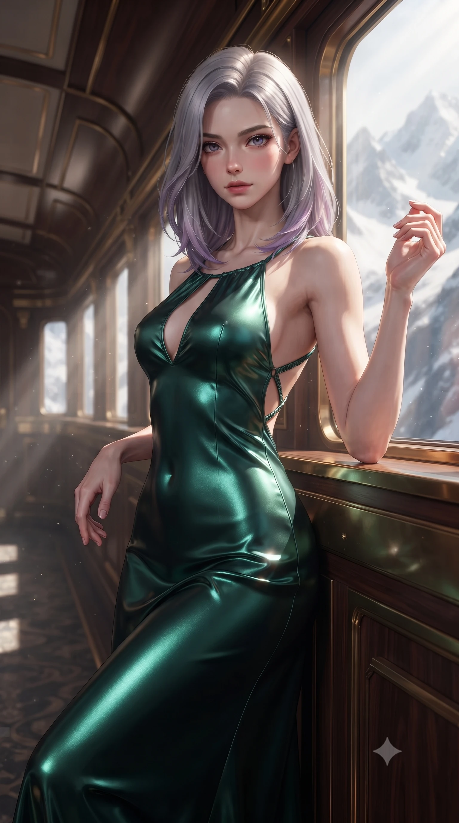 score_9, masterpiece, best quality, ultra-detailed, high-budget anime keyframe, editorial fashion photography, tasteful artistic composition, Caucasian woman woman. close-up cowboy shot from the waist and thighs up, the character dominates the composition, filling the frame with her large presence, background elements kept in soft focus. She has an exceptionally elegant, slender, and willowy female figure with an ultra-slim waist, a gracefully sculpted slender torso, and a refined silhouette. leaning back effortlessly against the surrounding architecture with an air of magnetic superiority, flawlessly proportioned anatomical accuracy, natural body alignment, perfectly sculpted elegant limbs, clean dynamic posture without body distortion. set against a soft-focus background of a winding luxury train lounge car showing snowy alpine peaks. wearing a plunging keyhole neck silk slip dress with an open-back design and cross-strap detailing. bathed in crisp alpine morning sunbeams slicing through panoramic window glass. ultra-reflective glossy finish, specular highlights, metallic sheen, high-contrast stereoscopic depth, volumetric dynamic lighting, 2k, ultra detail, master piece, 9:16 ratio