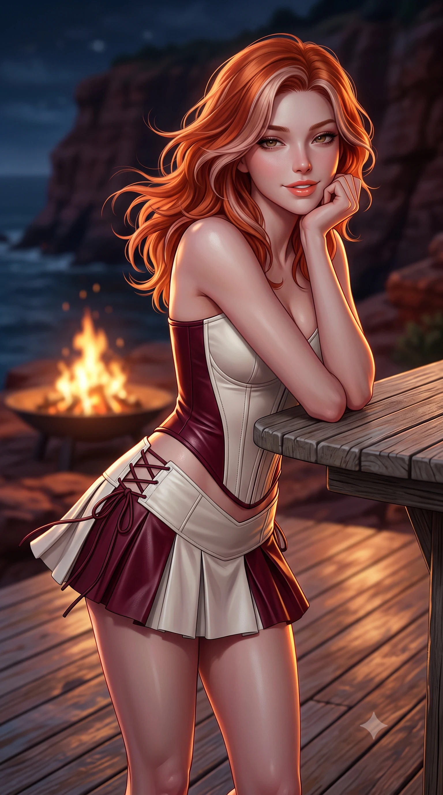 score_9, masterpiece, best quality, ultra-detailed, high-budget anime keyframe, semi-realistic 3D game render, editorial fashion photography, tasteful artistic composition, Caucasian woman. close-up cowboy shot from the waist and thighs up, the character dominates the composition, filling the frame with her large presence. resting one elbow on the table and supporting her chin, leaning close to the camera with heavy-lidded sparkling eyes and parted lips while standing poised on the weathered teak deck at the edge of the wild red sandstone cliff, arching her spine with high-fashion ease as nocturnal ocean winds whip her gown. The background shows a soft-focus dancing fire pit flames softened in dramatic coastal aerie shallow focus. She has an exceptionally elegant, slender, and willowy female figure with an ultra-slim waist, flat toned midriff, narrow ribcage, and sculpted feminine hips creating an alluring, slim hourglass silhouette without bulk. sharp v-shaped jawline, high-bridge nose, intricate jewel-like sparkling eyes with depth, thick eyelashes, glossy parted lips with a natural peach sheen, bright cheerful beaming smile with an enchanting and coquettish sensual glint, exuding both youthful cute charm and seductive allure, flawlessly proportioned anatomical accuracy, strict slender model proportions, natural body alignment, perfectly sculpted long slender limbs, ultra-slim waistline, clean dynamic posture without body distortion. wearing a structured boned corset top paired with an ultra-short low-rise pleated micro mini skirt in Belvedere ivory pearl and Habsburg bordeaux wine, woven from buttery-soft stretch lambskin leather adhering to her body like a second skin, featuring fine criss-cross lace-up side ties revealing tantalizing glimpses of her hip curve, the bespoke structured tailoring following the natural line of her 8.5-heads silhouette with refined elegance. illuminated by deck wood reflection bounce and sharp copper-gold rim lights sculpting her jawline, narrow waist, and curvy hips. highly saturated vibrant anime colors, detailed shading with soft gradients, rich glossy textures, high-contrast stereoscopic depth, volumetric dynamic lighting, master piece, 9:16 ratio